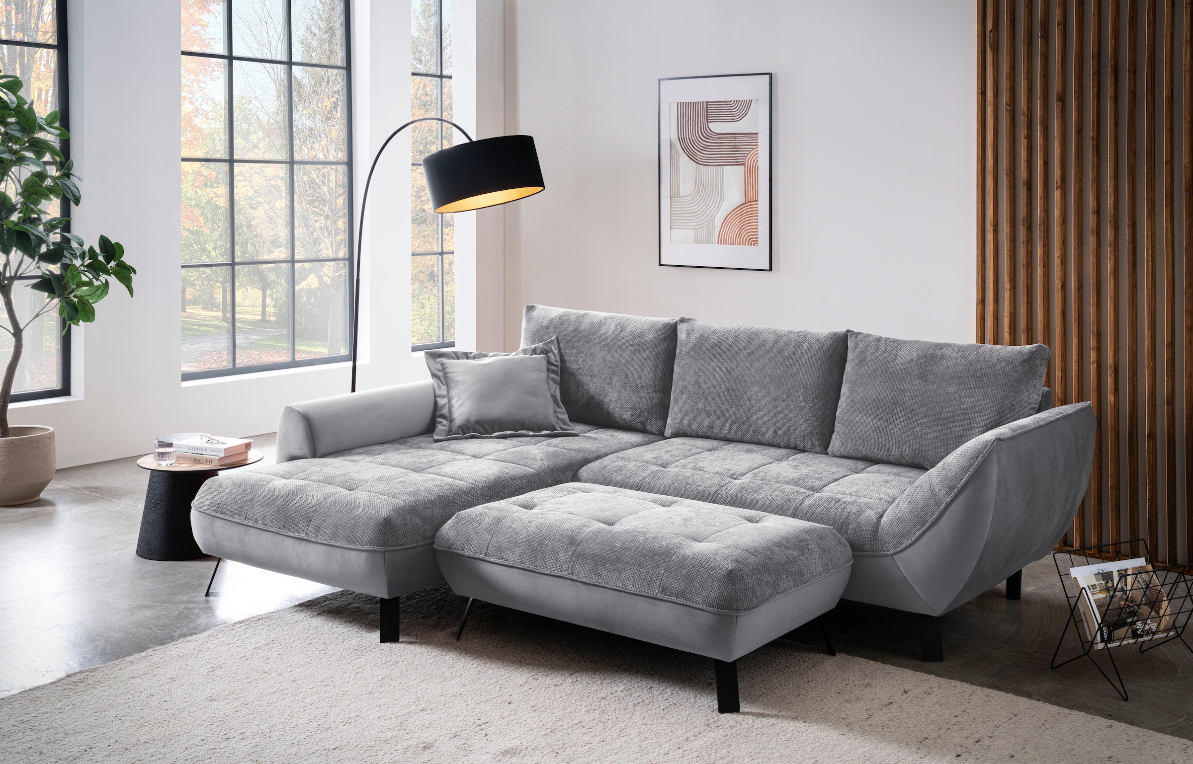 exxpo - sofa fashion Ecksofa »Bellinii, Materialmix, Strukturbezug und pflegeleichter Microvelours«, bequem und modern, Materialmix, L-Form