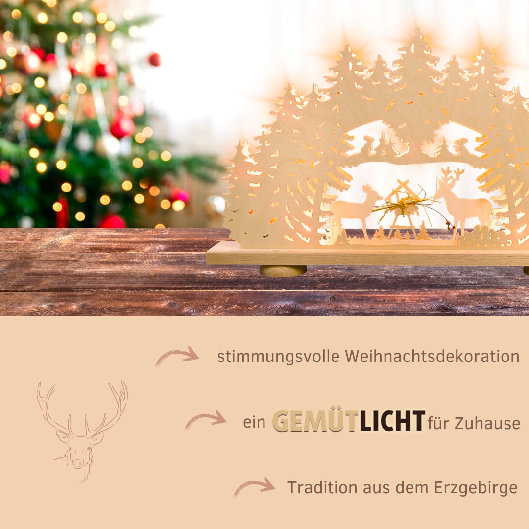 Weigla Schwibbogen »Futterkrippe mit echtem Heu, Lichterbogen aus Holz, NATUR«, Erzgebirge garantiert, Weihnachtsdeko Innen, Weihnachtsbeleuchtung