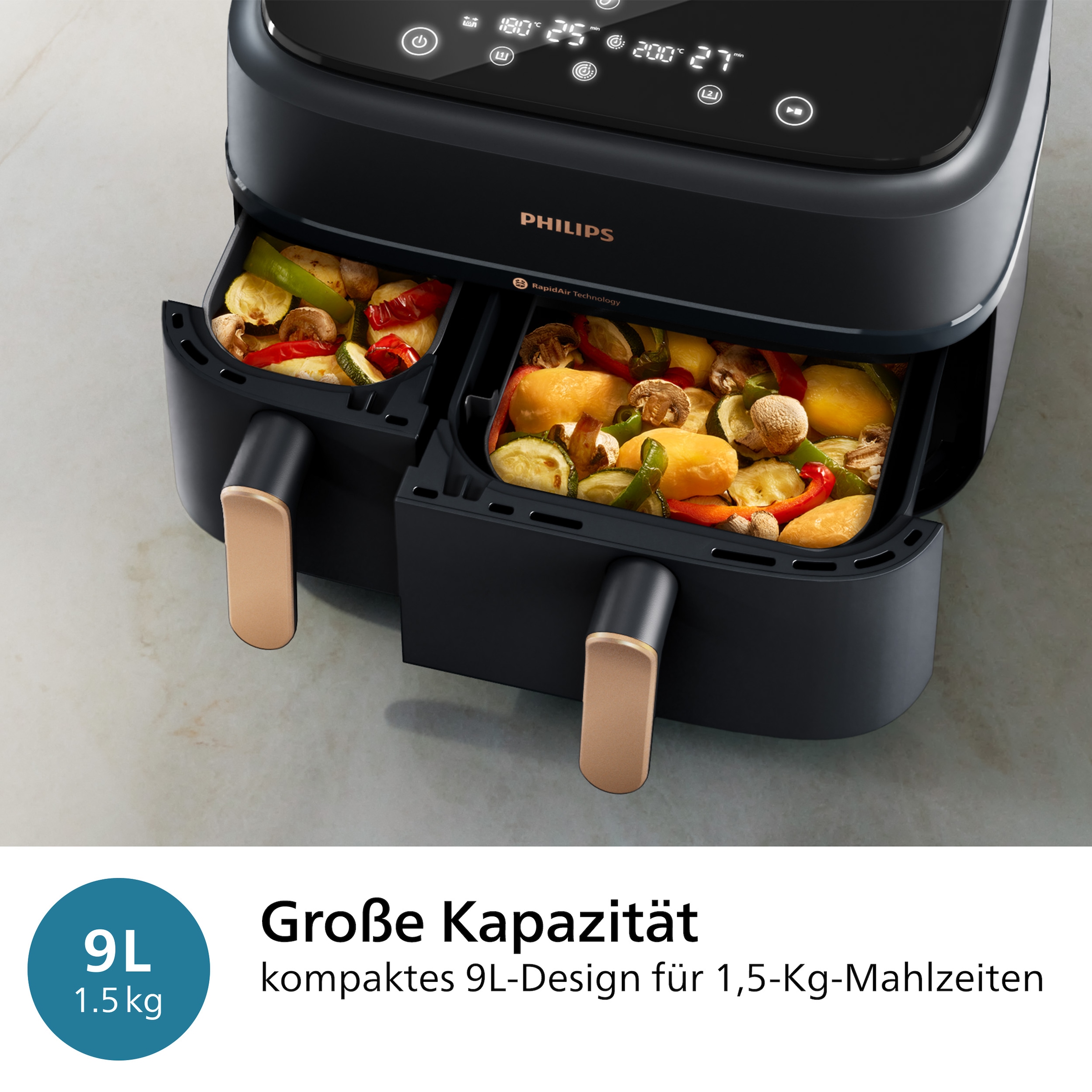 Philips Heißluftfritteuse »3000 Series NA352/00, Dual Basket Airfryer mit 9L Kapazität (3L+6L),«, 2750 W, RapidAir Technologie, Digitales Display, NutriU App; Schwarz/Kupfer