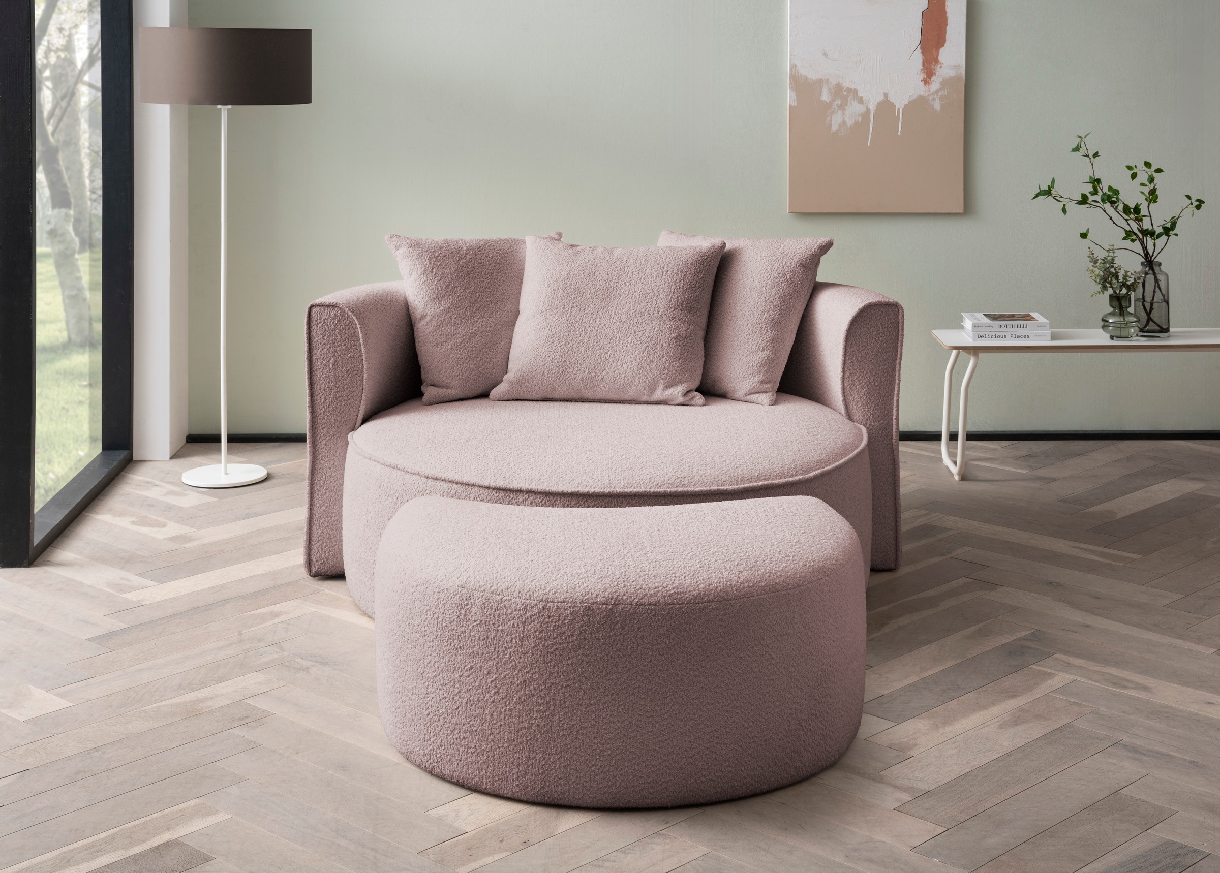 LeGer Home by Lena Gercke XXL-Sessel »ISALIE, Rundsessel mit Hocker, Lesesessel, Loveseat, Big-Sessel«, (Set), trendige Stoffe, 3 Zierkissen, große Sitzfläche, Cord, Samt, Bouclé