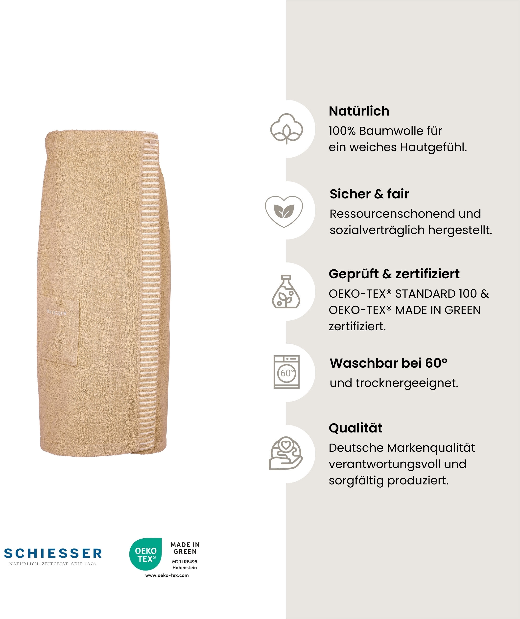 Schiesser Kilt »Rom aus weicher Baumwolle, saugstark und 3-fach weitenverstellbar«, (1 St.), MADE IN GREEN by OEKO-TEX®