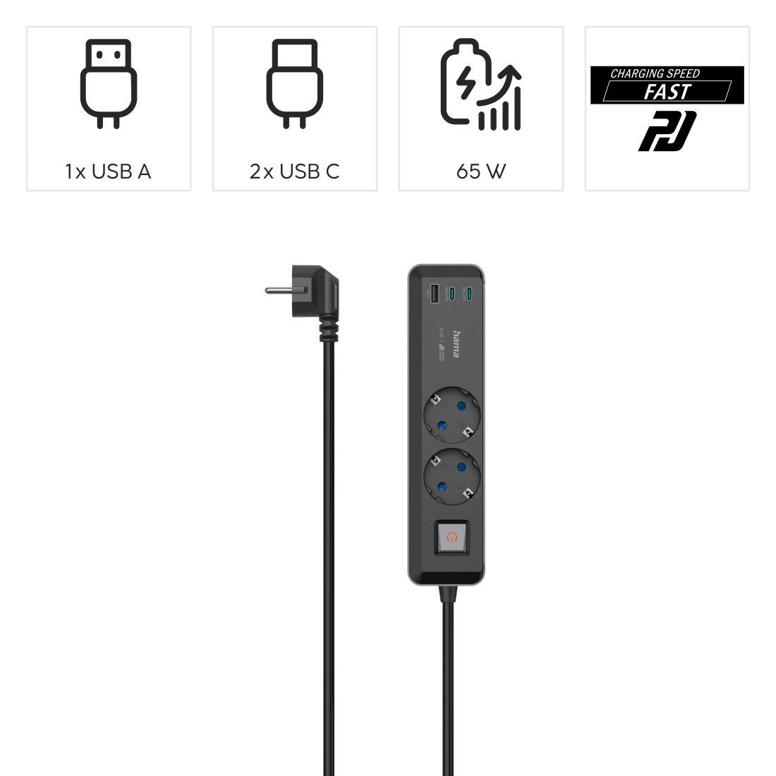 Hama Steckdosenleiste »5in1 Steckdosenleiste 2 fach mit Schalter, 2 USB-C, 1x USB A, schwarz«