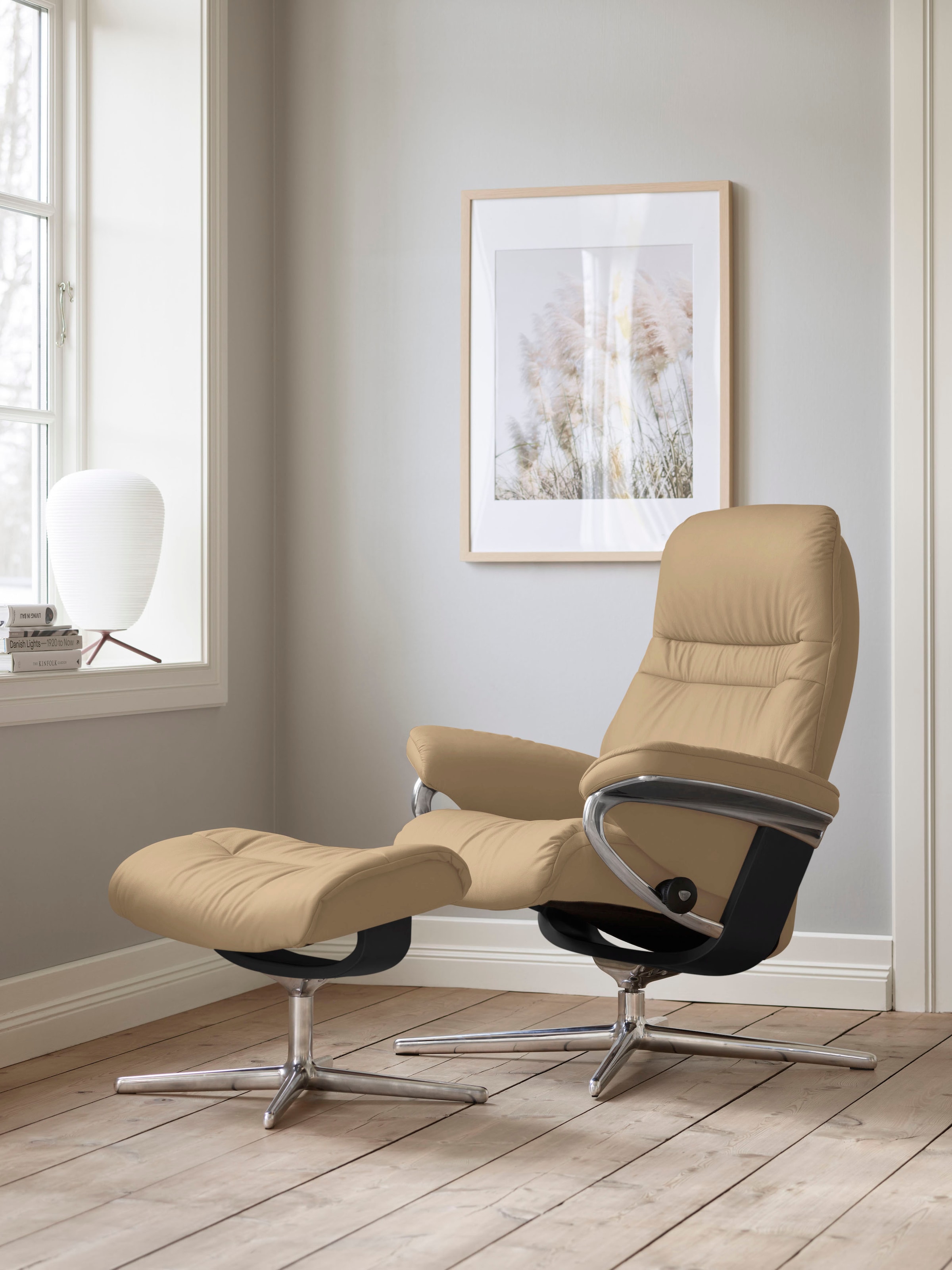 Stressless® Relaxsessel »Sunrise« Set, Relaxsessel mit Hocker,  mit Hocker, mit Cross Base, Größe S, M & L, Holzakzent Schwarz