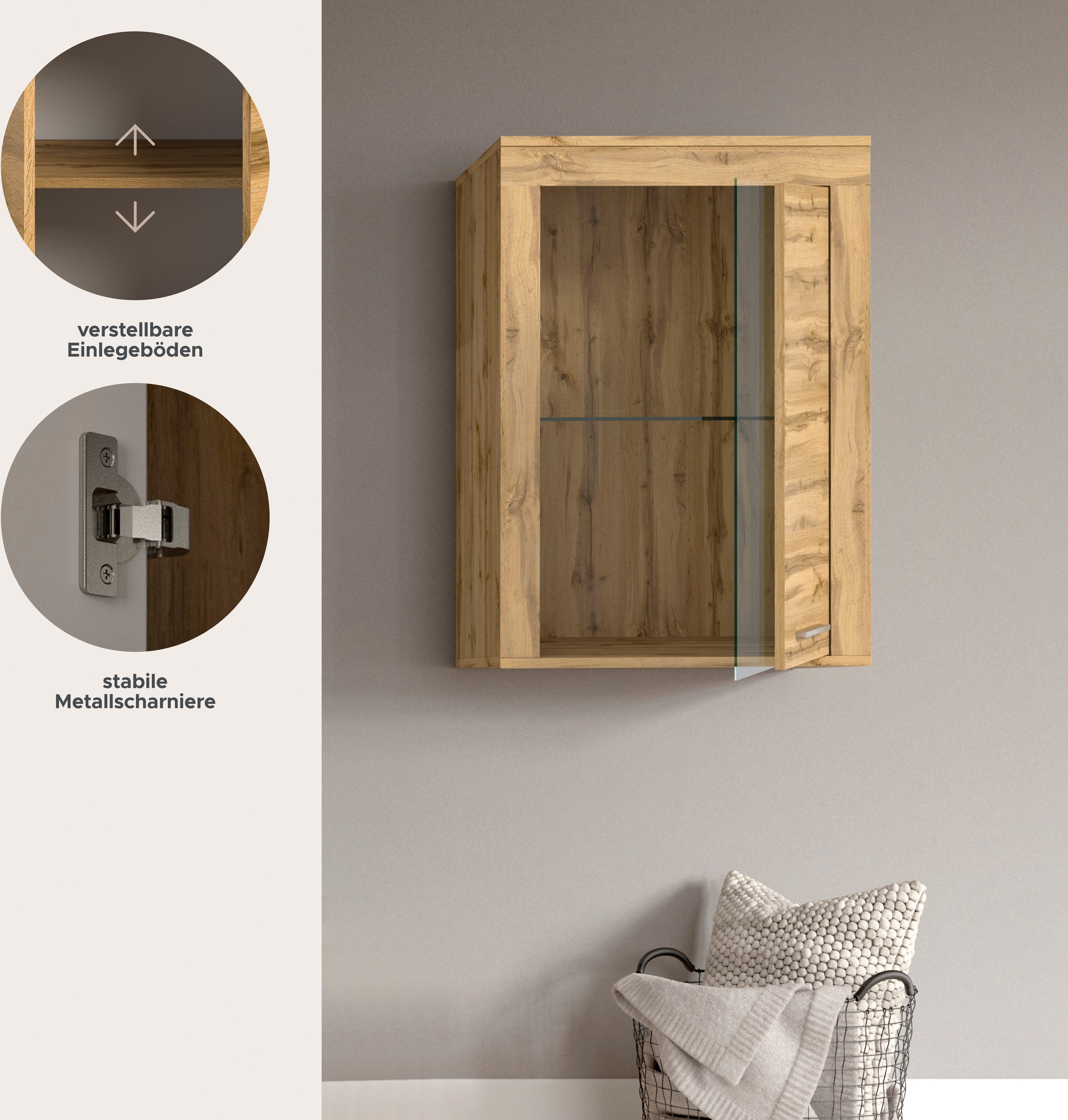 INOSIGN Vitrine »Aosta, Breite 60 cm, stehend oder hängend, in verschiedenen Farben«, Türanschlag wechselbar, 1 Glaseinlegeboden, Hängeeitrine, Standvitrine