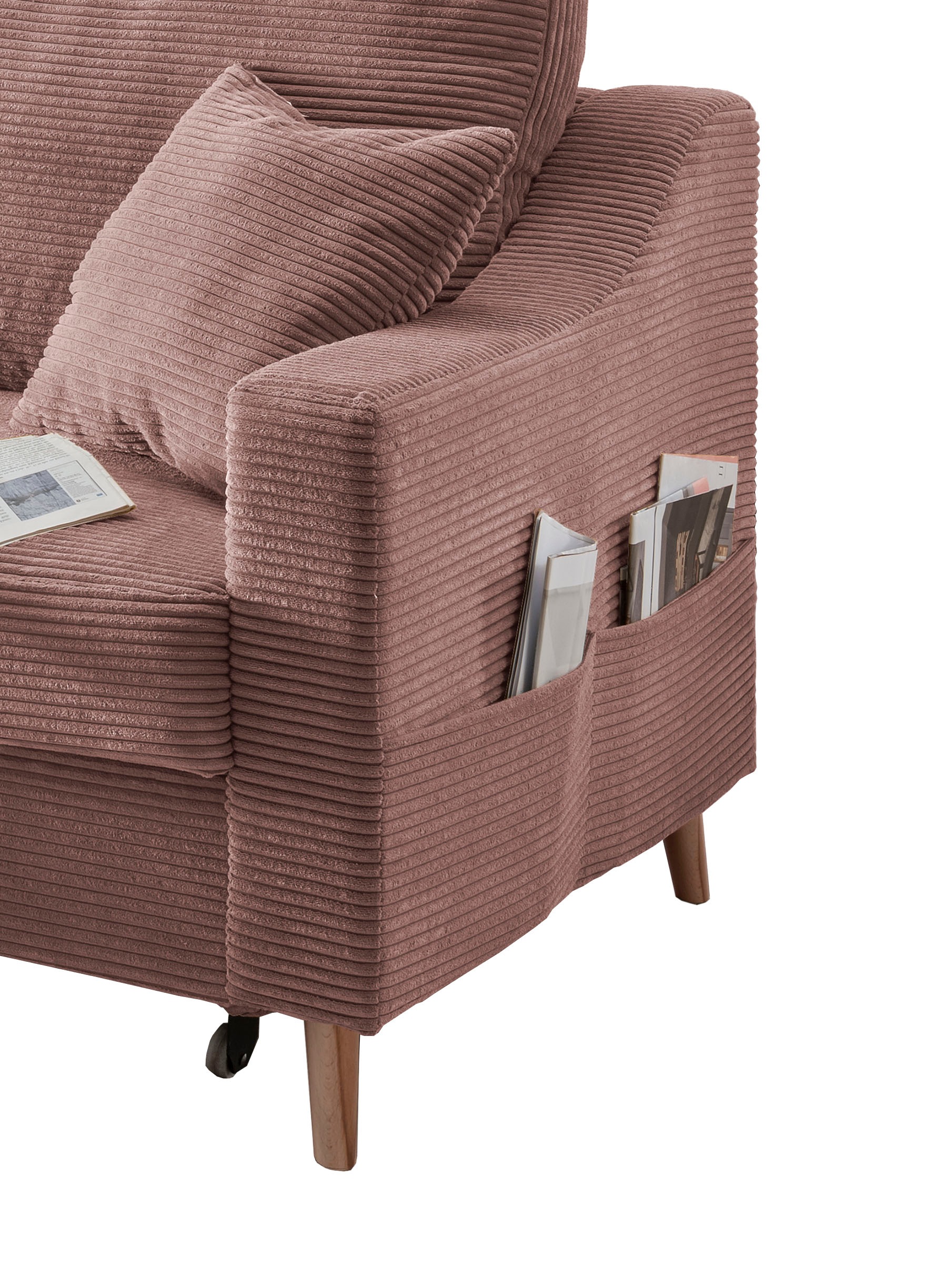 INOSIGN Ecksofa »Valentina L-Form«, 2 Zierkissen, mit Seitentasche, ausziehbarer Liegefläche, Bettkasten