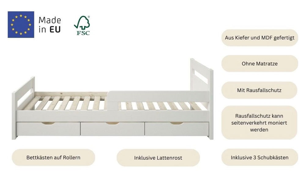 Lüttenhütt Kinderbett »"TIMMO " BESTSELLER, inklusive 3 Schubkästen«, bodentief, mit Rausfallschutz, zertifiziertes Massivholz