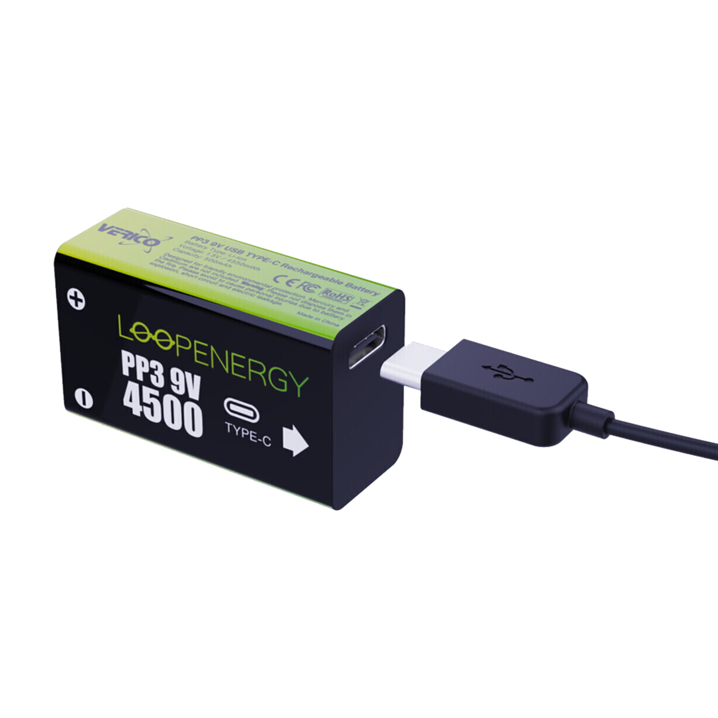 Verico Batterie »Loopenergy 9V (Block)«, 1,5 V, (2 St.), USB-C Kabel im Lieferumfang
