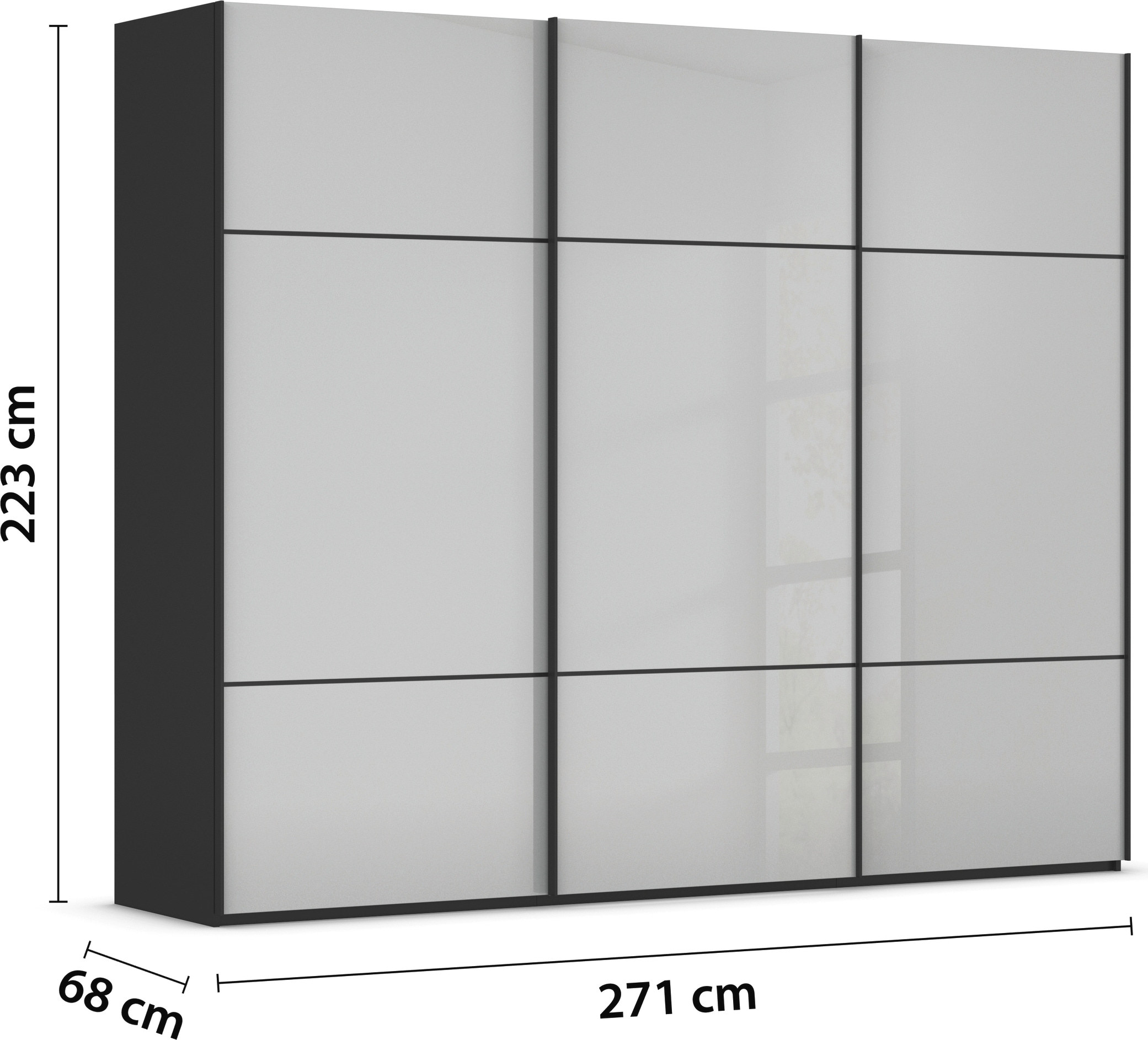 rauch Schwebetürenschrank »Kleiderschrank Schrank Garderobe Schlafzimmerschrank SCALE-TRIO«, edle dreigeteilte Front mit 2 Zierleisten Glasfront MADE IN GERMANY