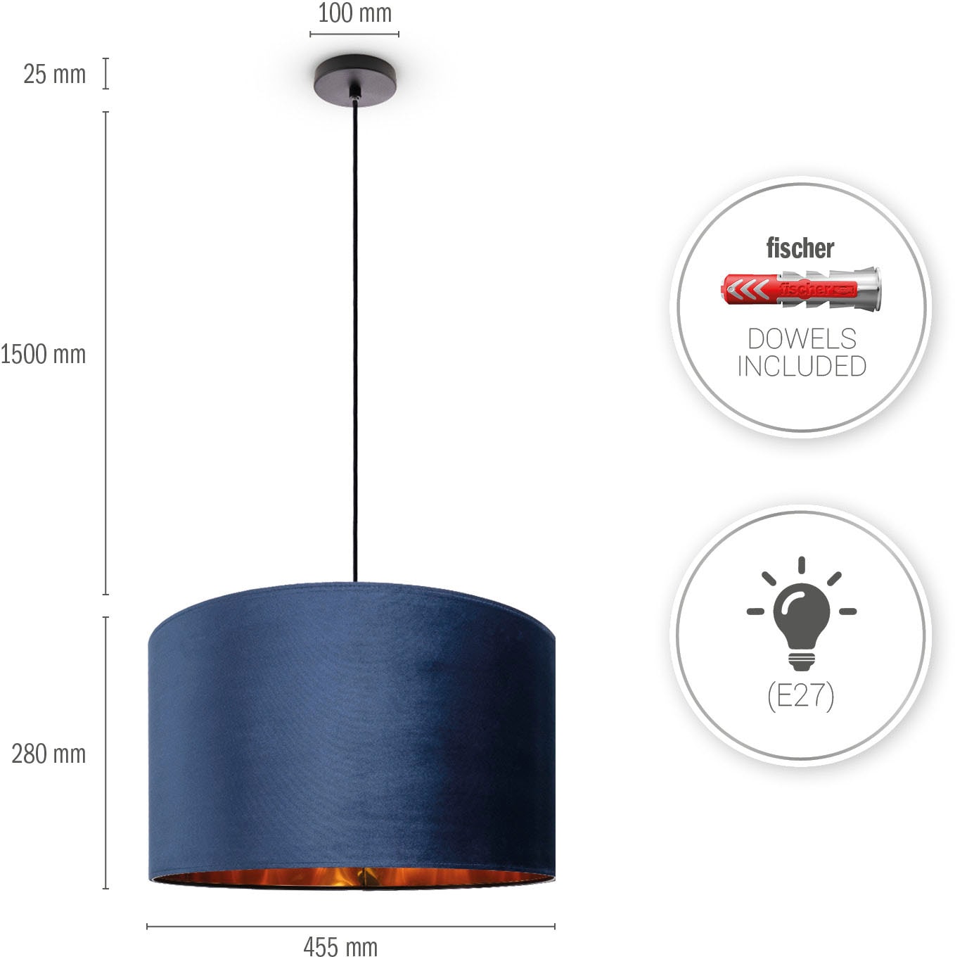 Pendelleuchte Lampenschirm Unifarben OTTO Paco bei E27 Deko aus Color«, Home Kabel Velour »Hugo Wohnzimmer uni bestellen 1,5m
