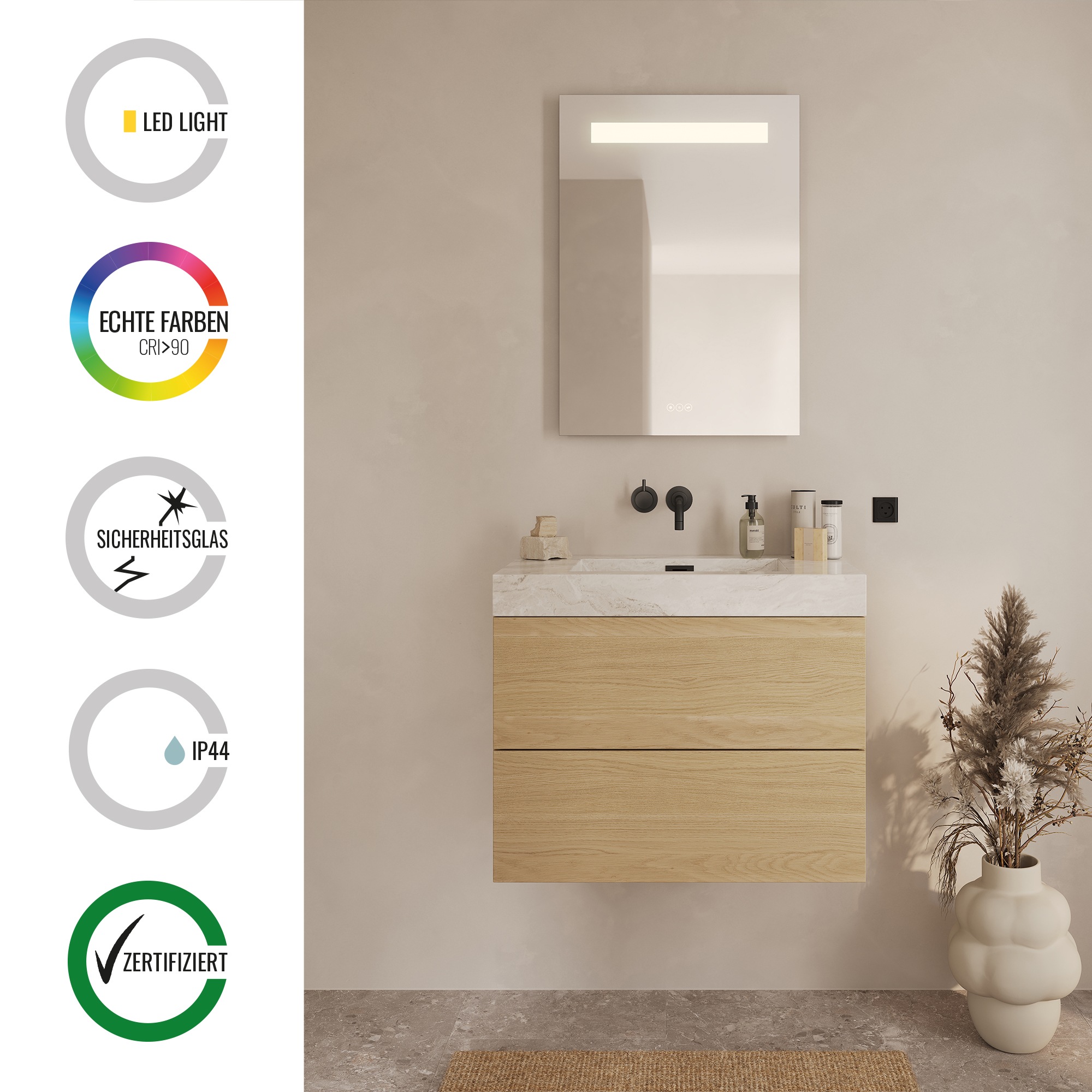 Loevschall Badspiegel »Lökken Quadratisch, Badzimmerspiegel mit LED Beleuchtung, Lichtspiegel« Touchpanel für Lichtsteuerung, Verstellbarer Spiegel, Dänisches Design