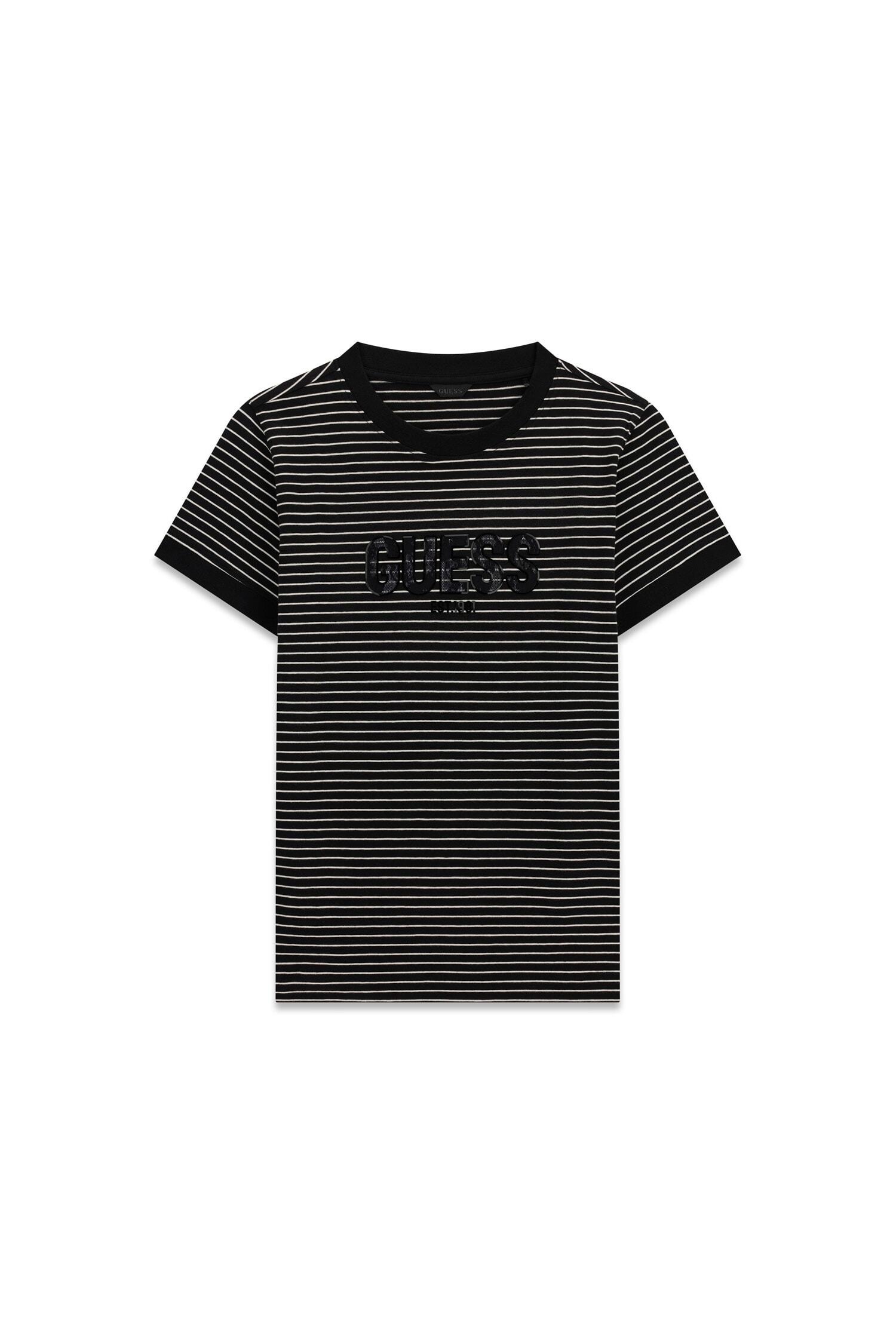 Guess T-Shirt »CN GUMMY LACE LOGO STRIPED« Logo mit Spitzenbesatz, Slim Fit
