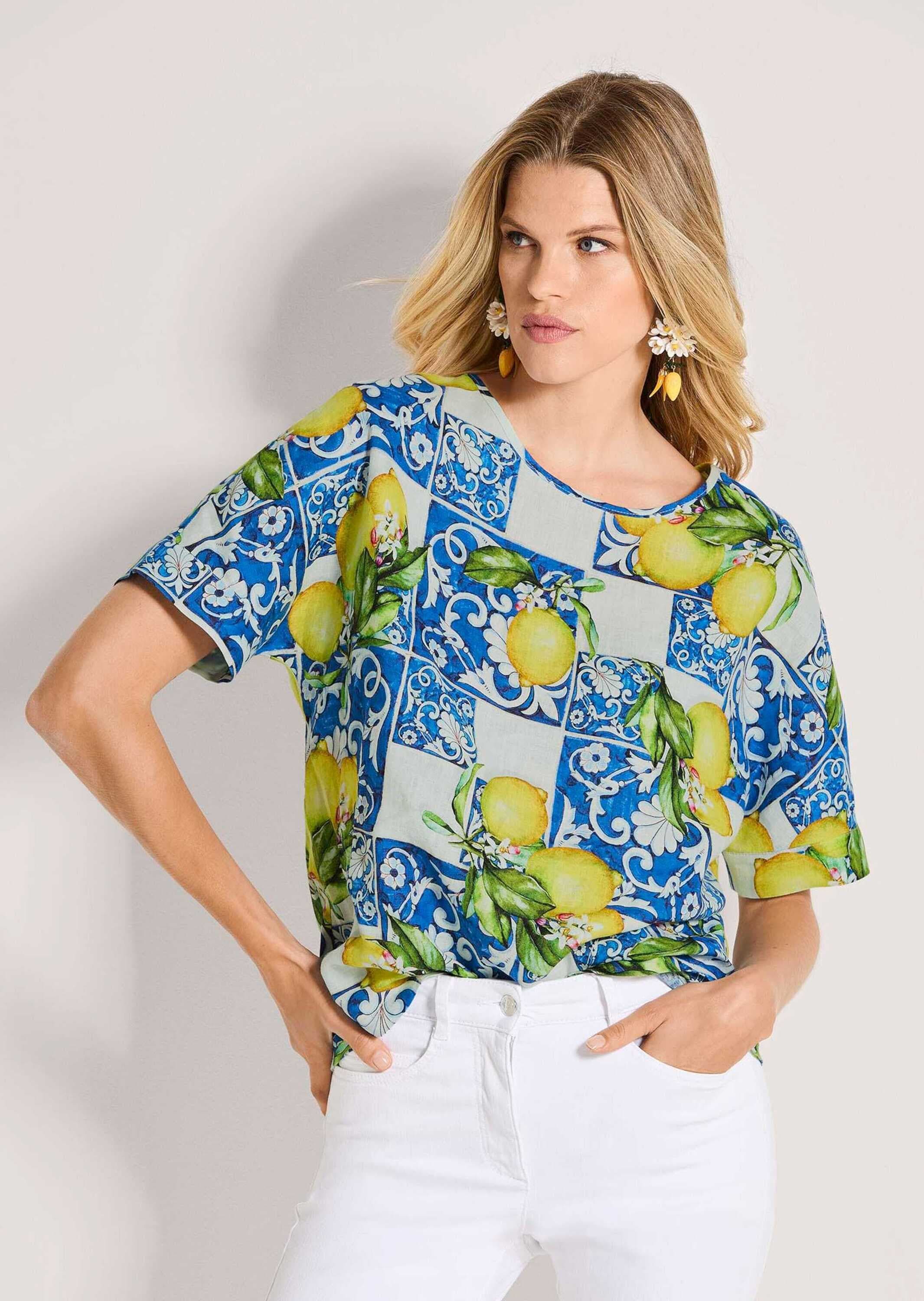 MADELEINE Kurzarmbluse »Blusenshirt Sommerbluse mit mediterranem Print« Überschnittene Schultern