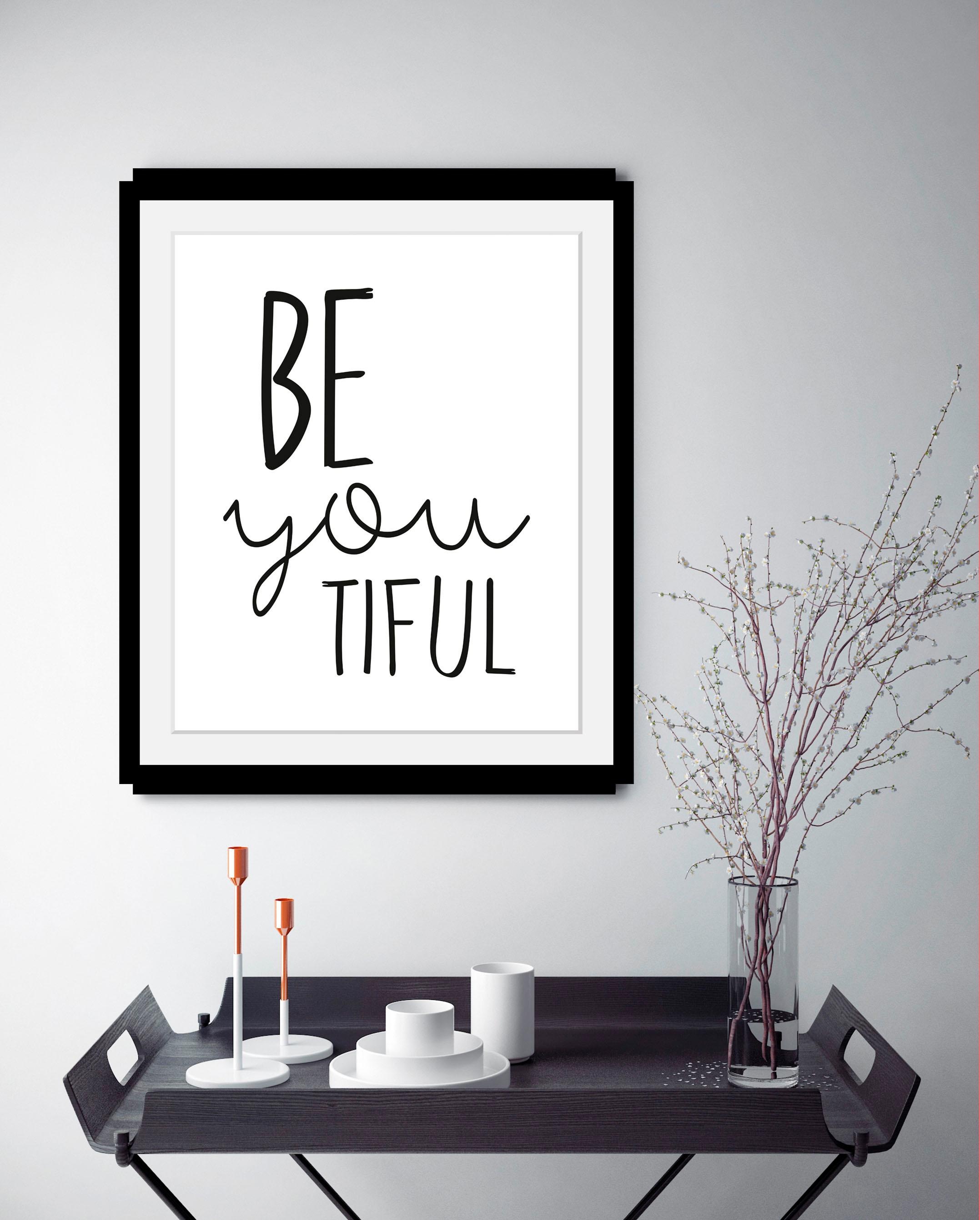 queence Bild »Spruch«, Schwarz-Weiß-Schriftzug-Motivationsbilder-Smileys, HD Premium Poster-Druck inkl. Holzrahmen