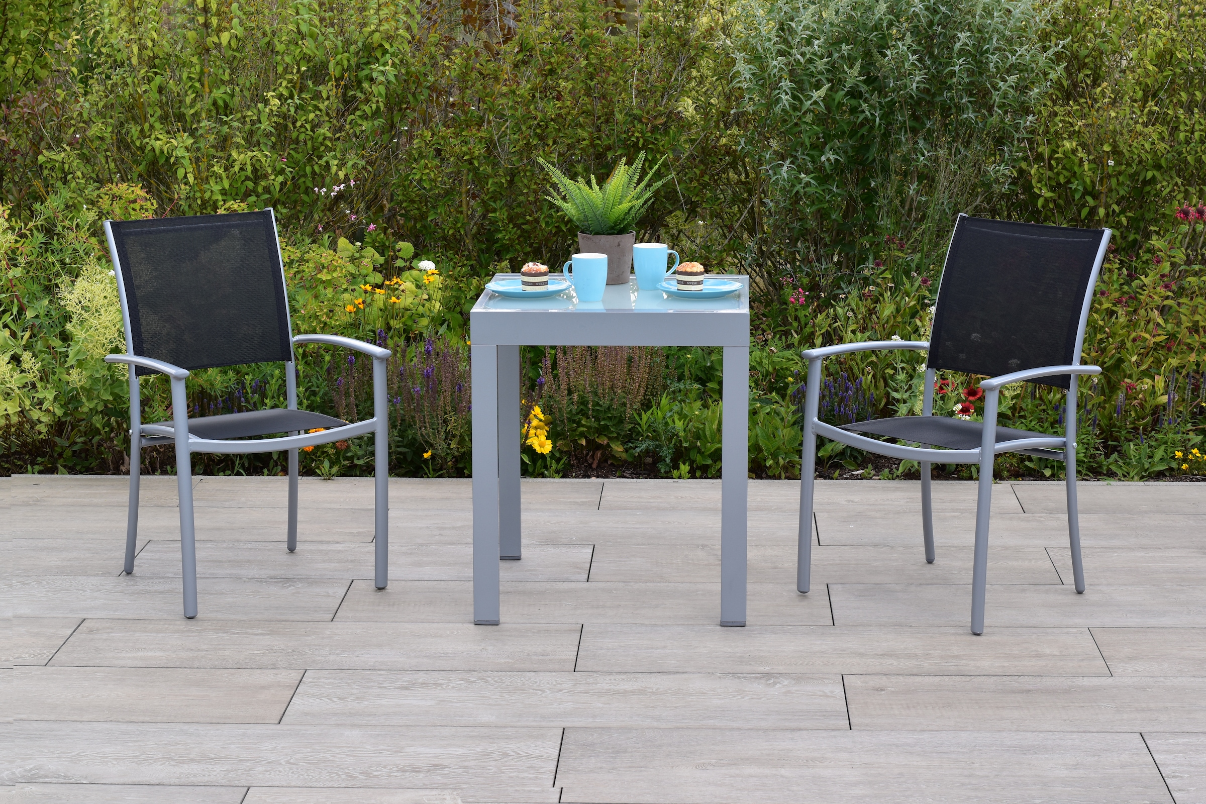 MERXX Garten-Essgruppe »»Milano««, (Set, 3 tlg., Pulverbeschichtetes Aluminiumgestell), Ausziehtisch: LxB: 65-130 x 130 cm