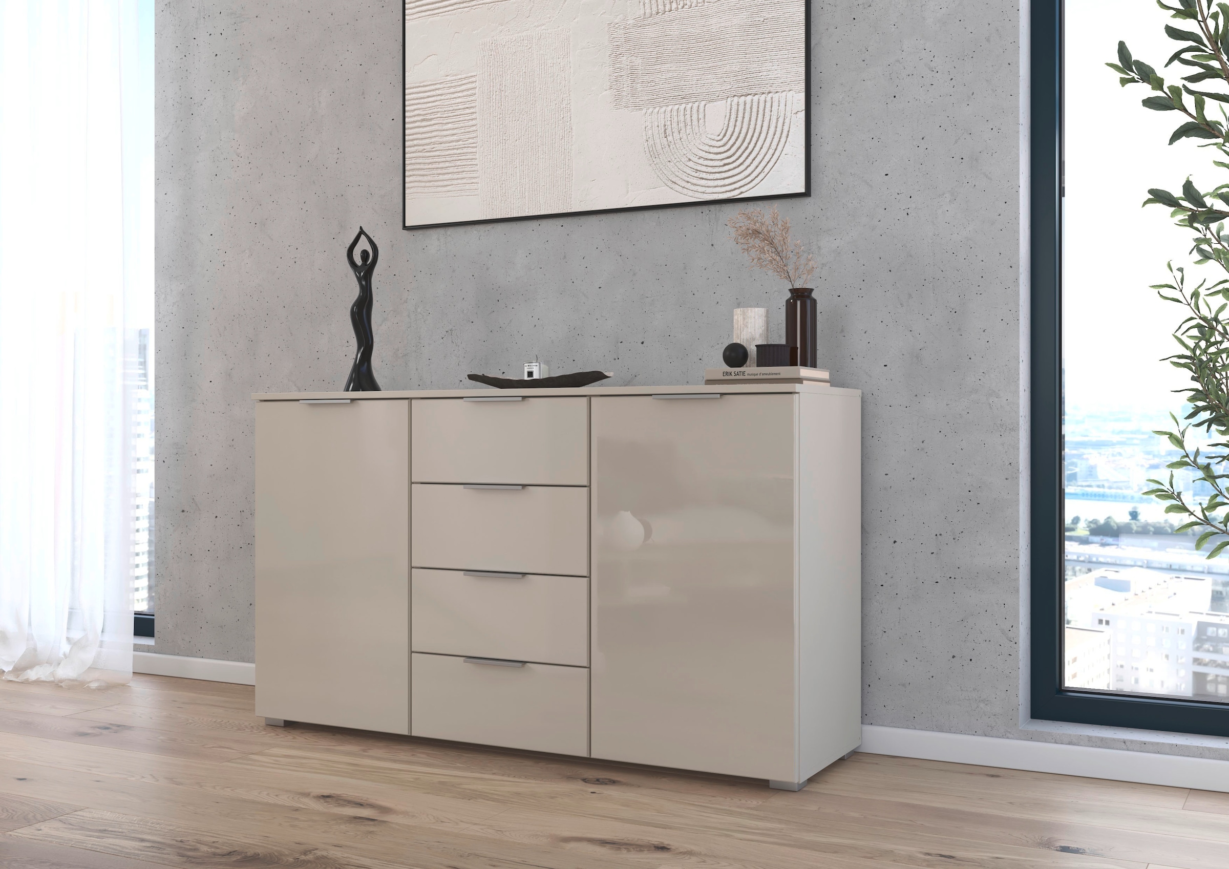 rauch Kombikommode »Sideboard Kombikommode Schubladenkommode AGORDO mit Glasfront« in zwei Griff-Farben, Breite 120 cm,  vier große Schubladen, mit insgesamt 4 Einlegeböden MADE IN GERMANY
