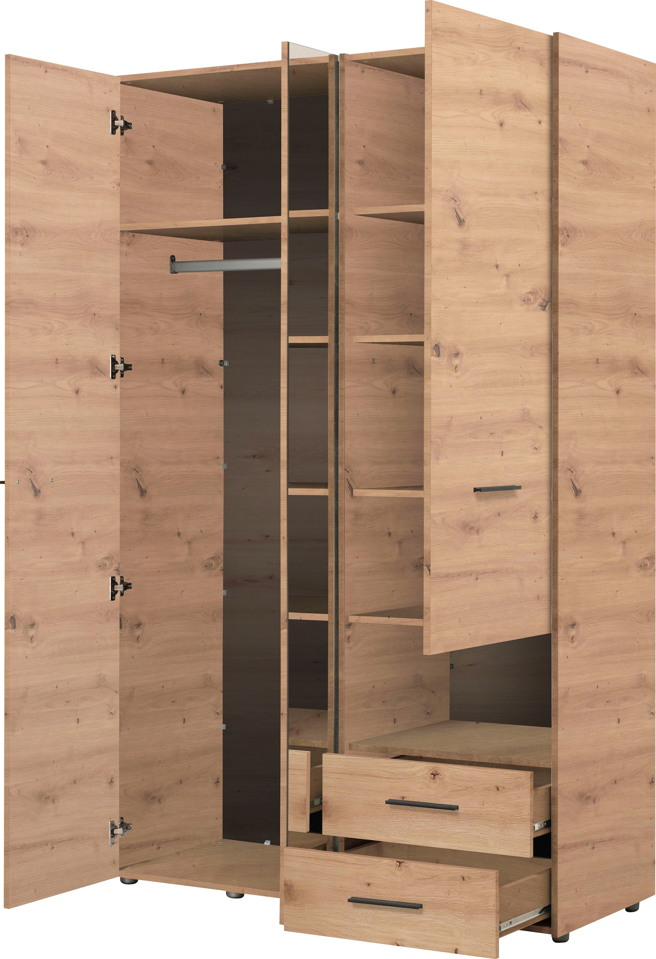 INOSIGN Kleiderschrank »Leon, FSC® -zertifiziertem Holzwerkstoff«, mit Spiegel, Innenausstattung und 2 Schubladen, 127,5x55x205,5cm