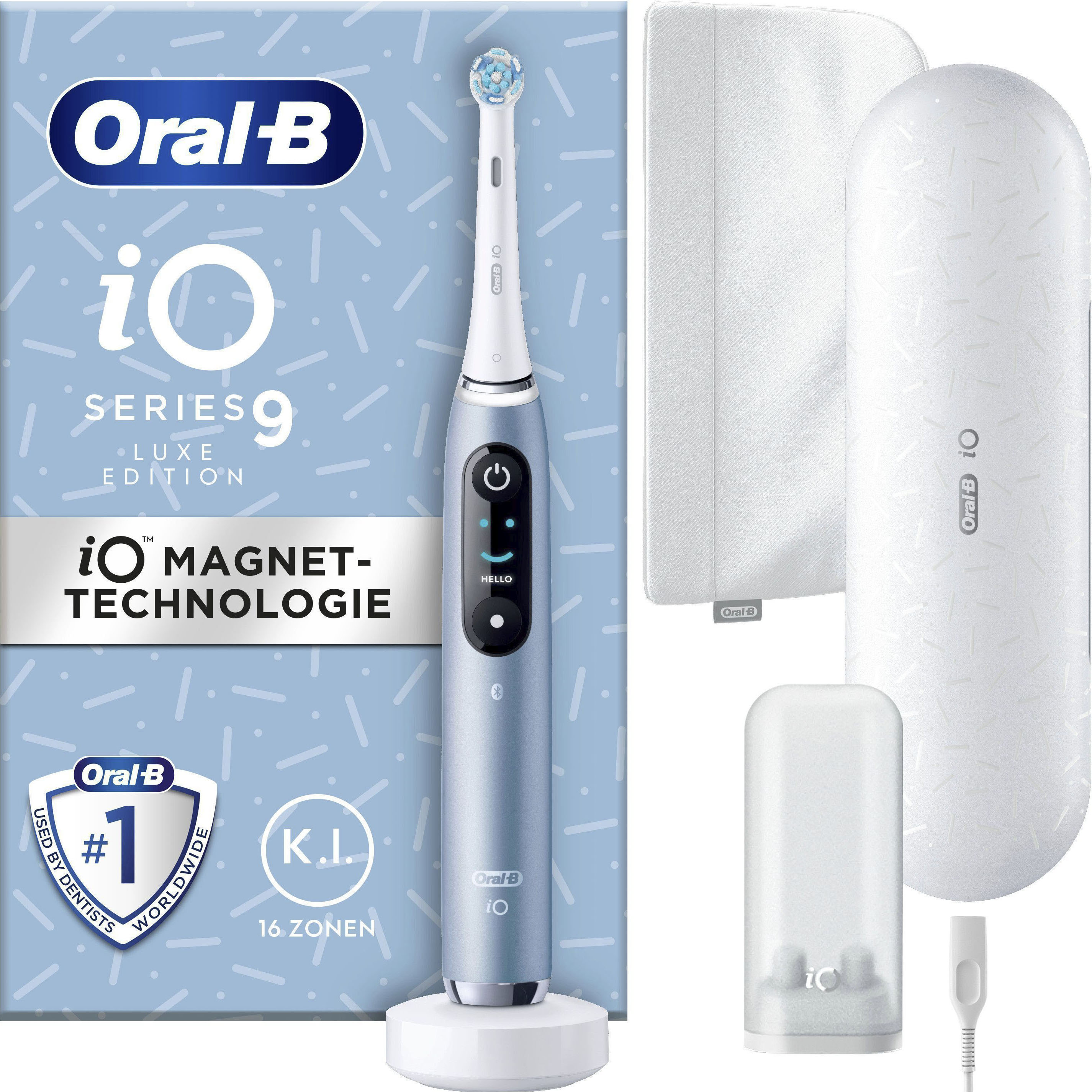 Oral-B Elektrische Zahnbürste »iO 9 Luxe Edition« 1 Stk. Aufsteckbürsten mit Magnet-Technologie, 7 Putzmodi, Farbdisplay & Lade-Reiseetui in blau