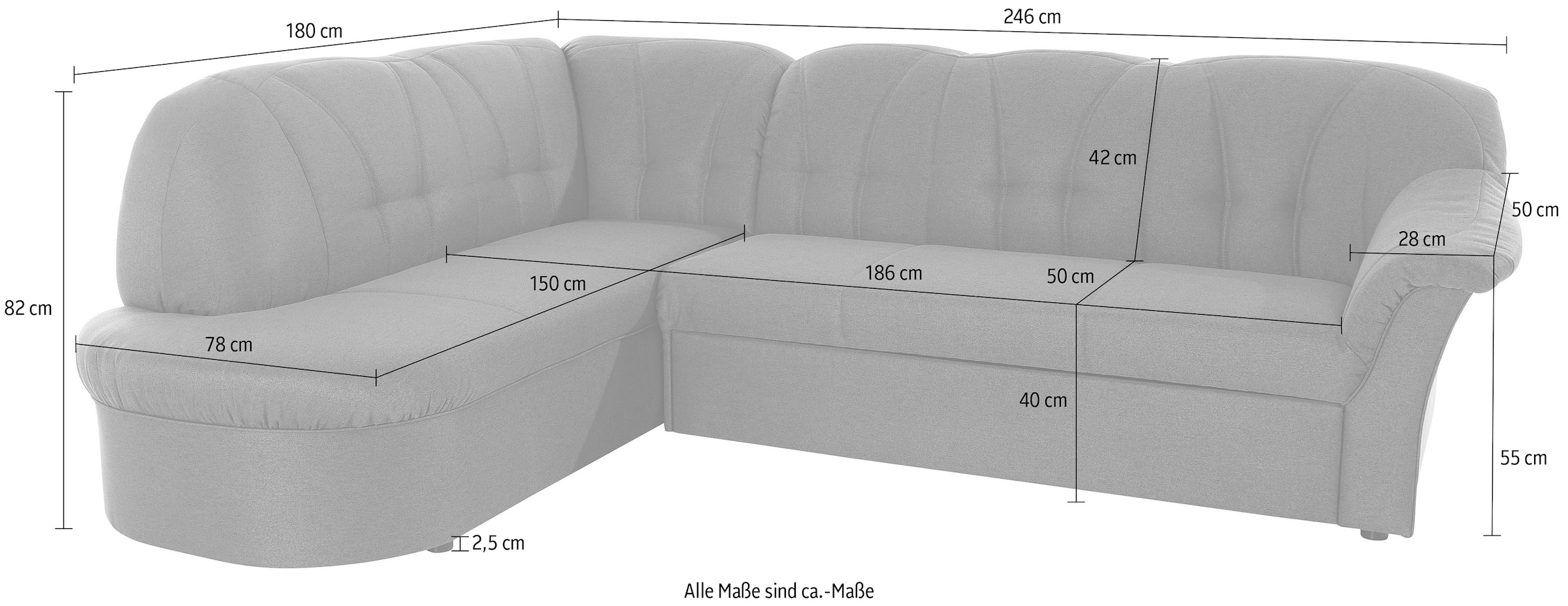 DOMO collection Ecksofa »Pegnitz, zeitlose und elegante Rückensteppung, Breite 246cm, L-Form« wahlweise mit Bettfunktion
