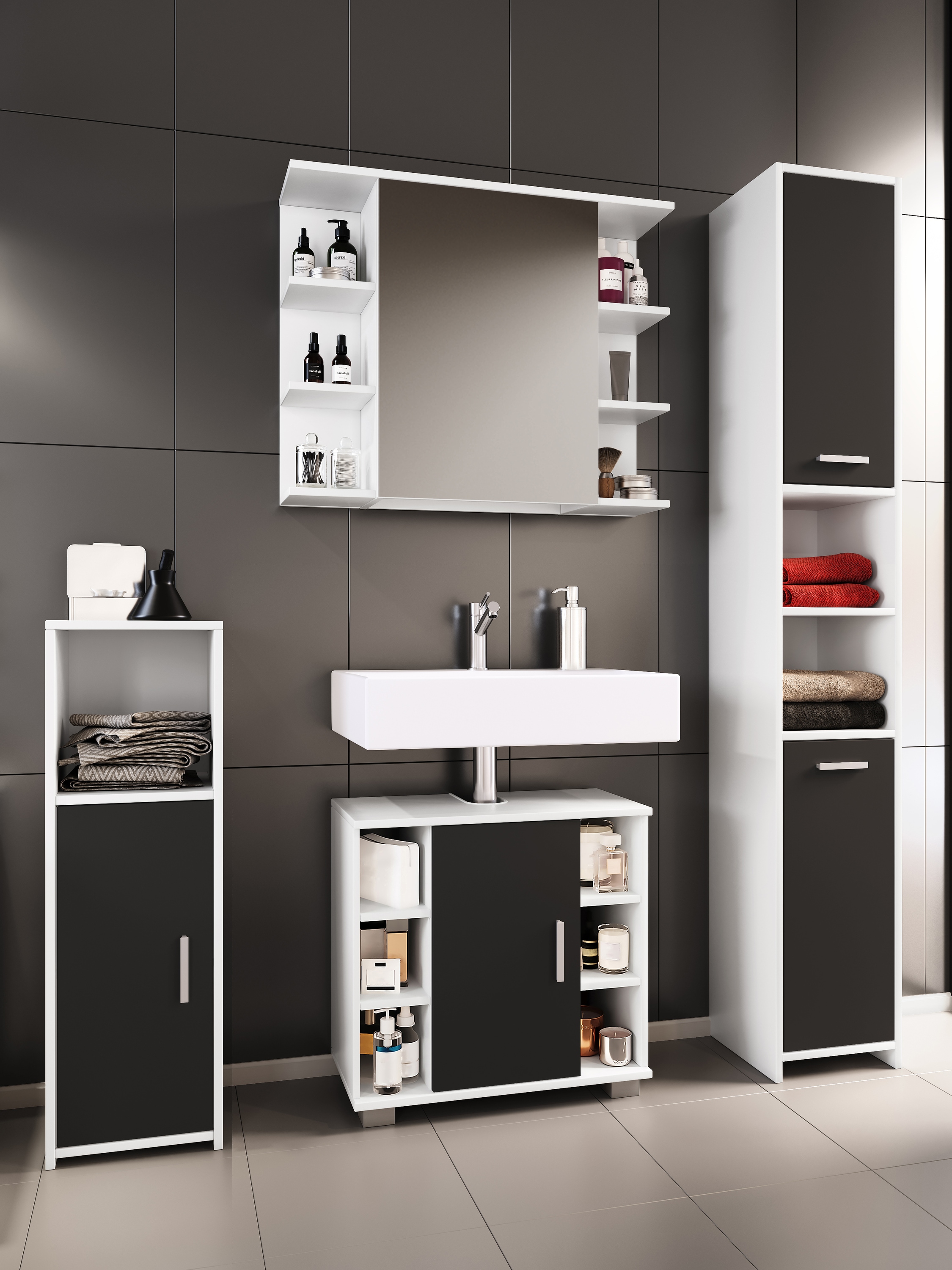 VCM Waschbeckenunterschrank »VCM 4-tlg. Badmöbelset | Badmöbel | Set aus Unterschrank, Midischrank, Hochschrank und Spiegelschrank | Badezimmermöbel - Zalo II« 4 Stk. tlg.