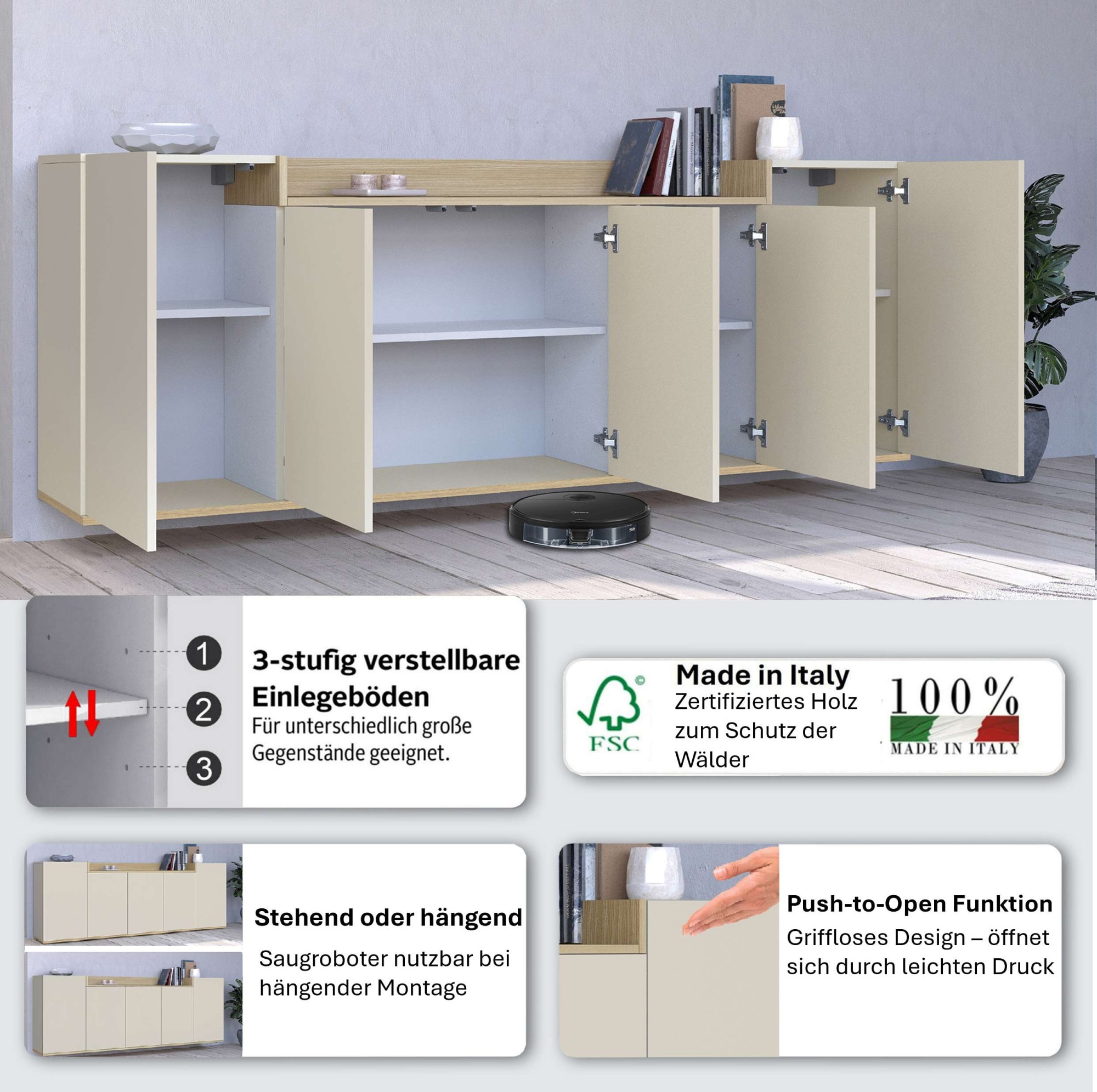 OTTO home Sideboard »BOLSENA, Kommode, Schrank,Lowboard mit 8 Fächer und offenes Ablagefach« 1 Stk. tlg. stehend/hängend montierbar, Made in Italy, B/T/H: 200 × 35 × 71,2 cm
