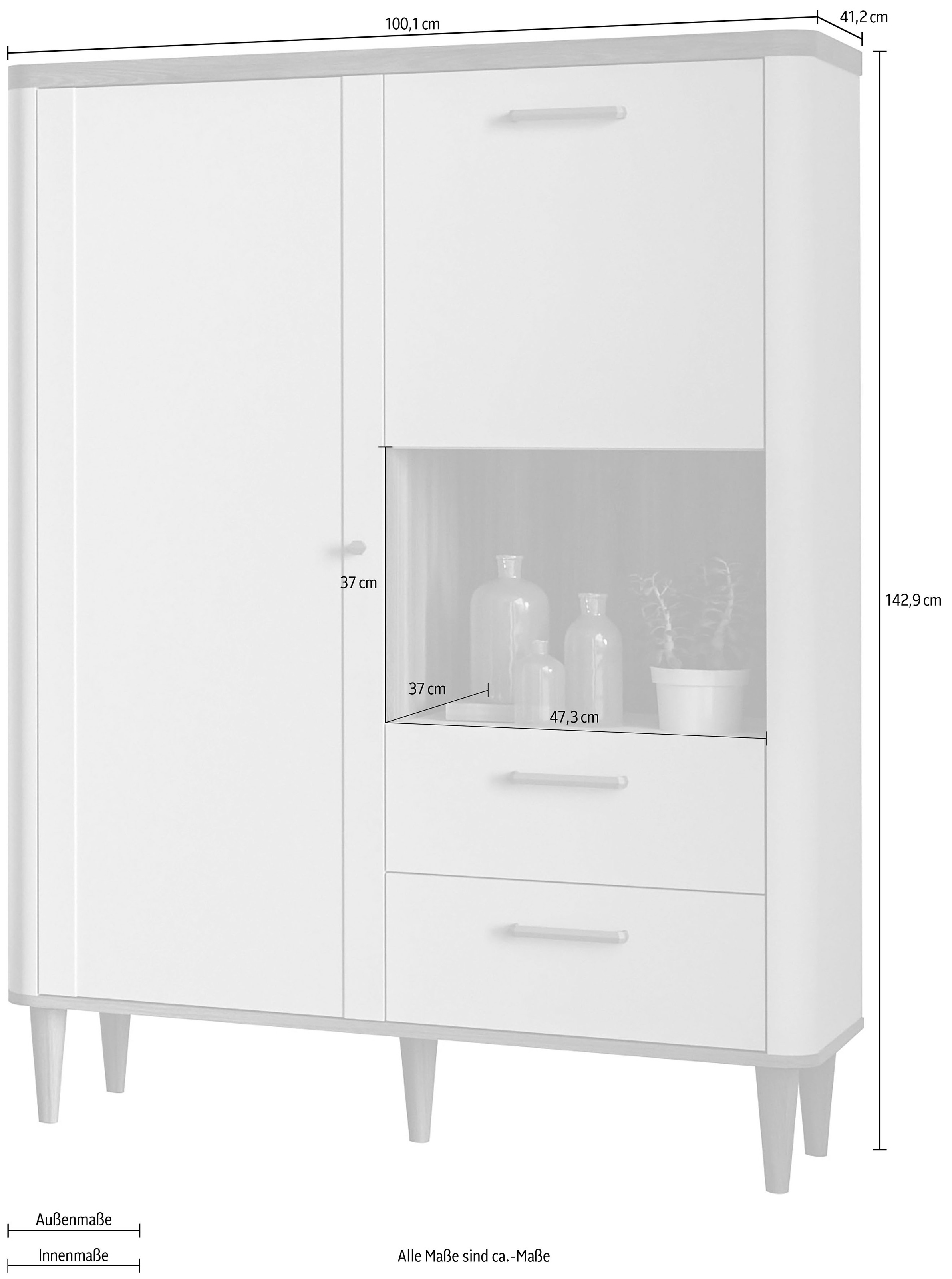 FORTE Highboard »Lacetti« B/H/T 100,1/142,9/41,2 cm Echtholzfüße