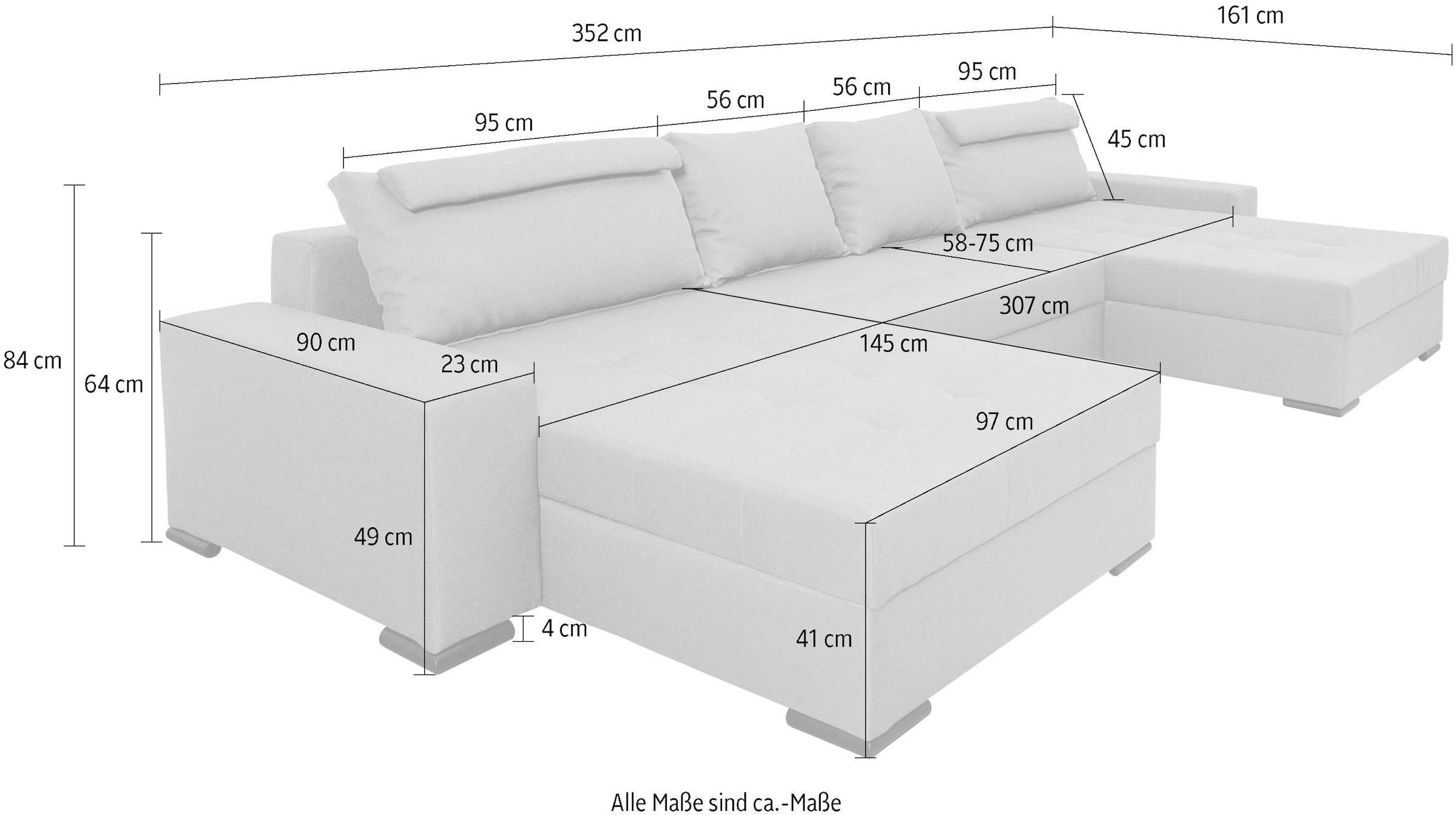 COLLECTION AB Wohnlandschaft »XXXL-Josy Relax U-Form Breite 352 cm, mit 2 gleich großen Recamieren«, inkl. Bettfunktion, Bettkasten, mit 4 Rückenkissen in zwei Größen