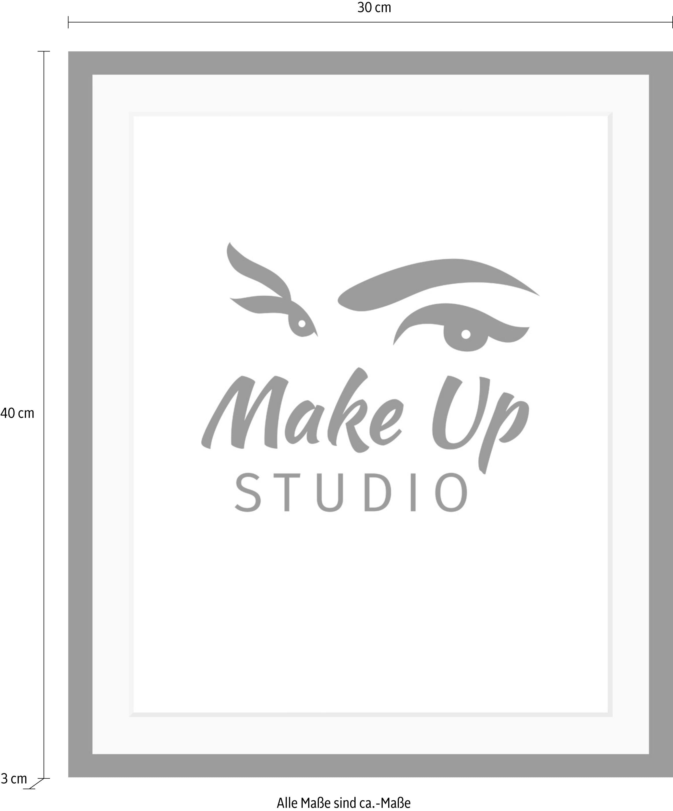 queence Bild »Make up Studio«, Schwarz-Weiß-Schriftzug-Motivationsbilder-Fashion-Frau, HD Premium Poster-Druck inkl. Holzrahmen