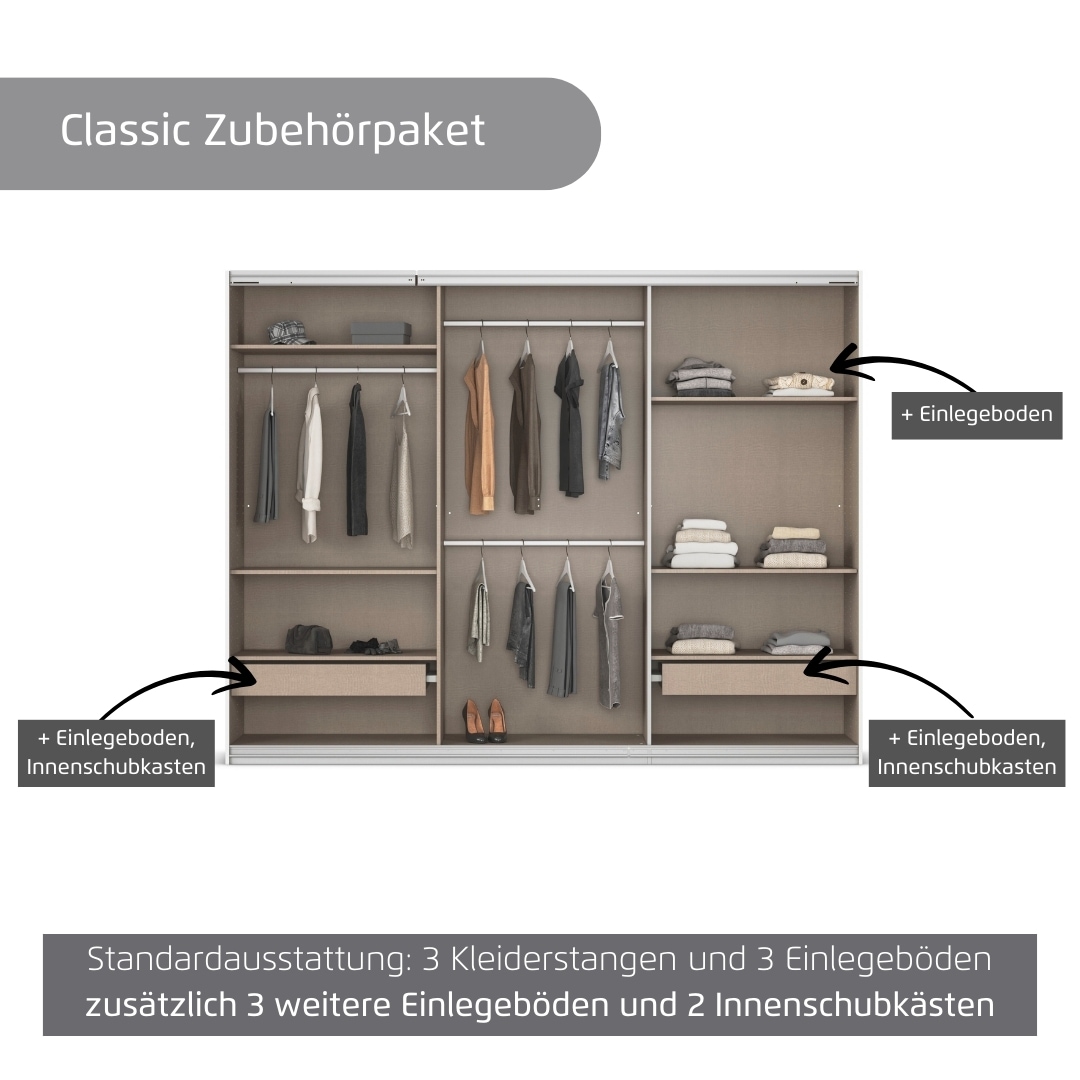 rauch Kleiderschrank »Schwebetürenschrank OTTO´s Choice Garderobe Schrank TOP ANGEBOT Avola«, (in 3 verschiedenen Ausstattungen BASIC/CLASSIC/PREMIUM inkl. Spiegel), mit eleganten Zierleisten in Chrom, Schwarz oder Weiß MADE IN GERMANY