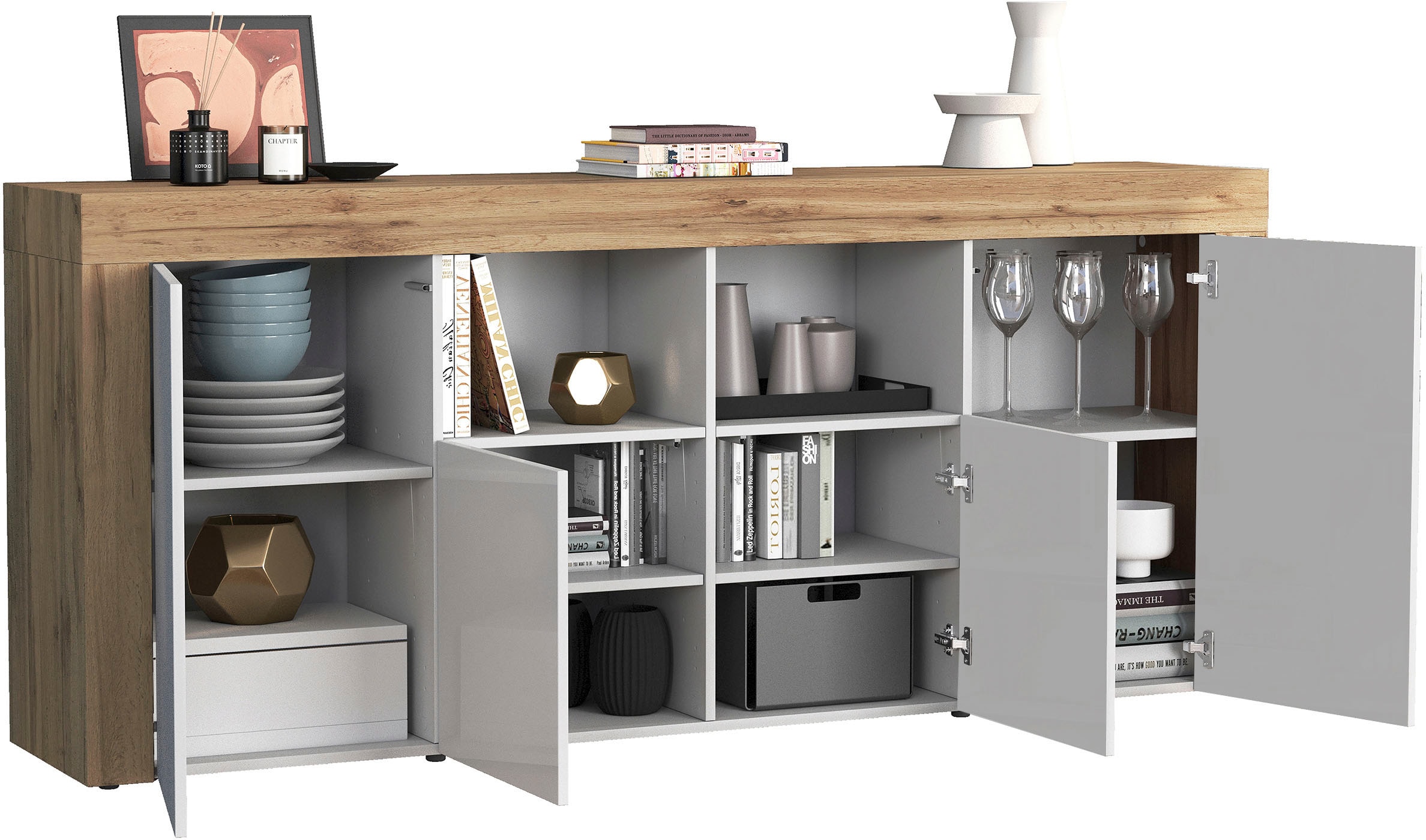 OTTO home Sideboard »CHRONOS Breite 200 cm  mit 4 Türen, 2 offene und 8 geschlossene Fächer« 1 Stk. tlg. Sideboard,Kommode, Schrank, Grifflos mit Push to Open, Made in Italy
