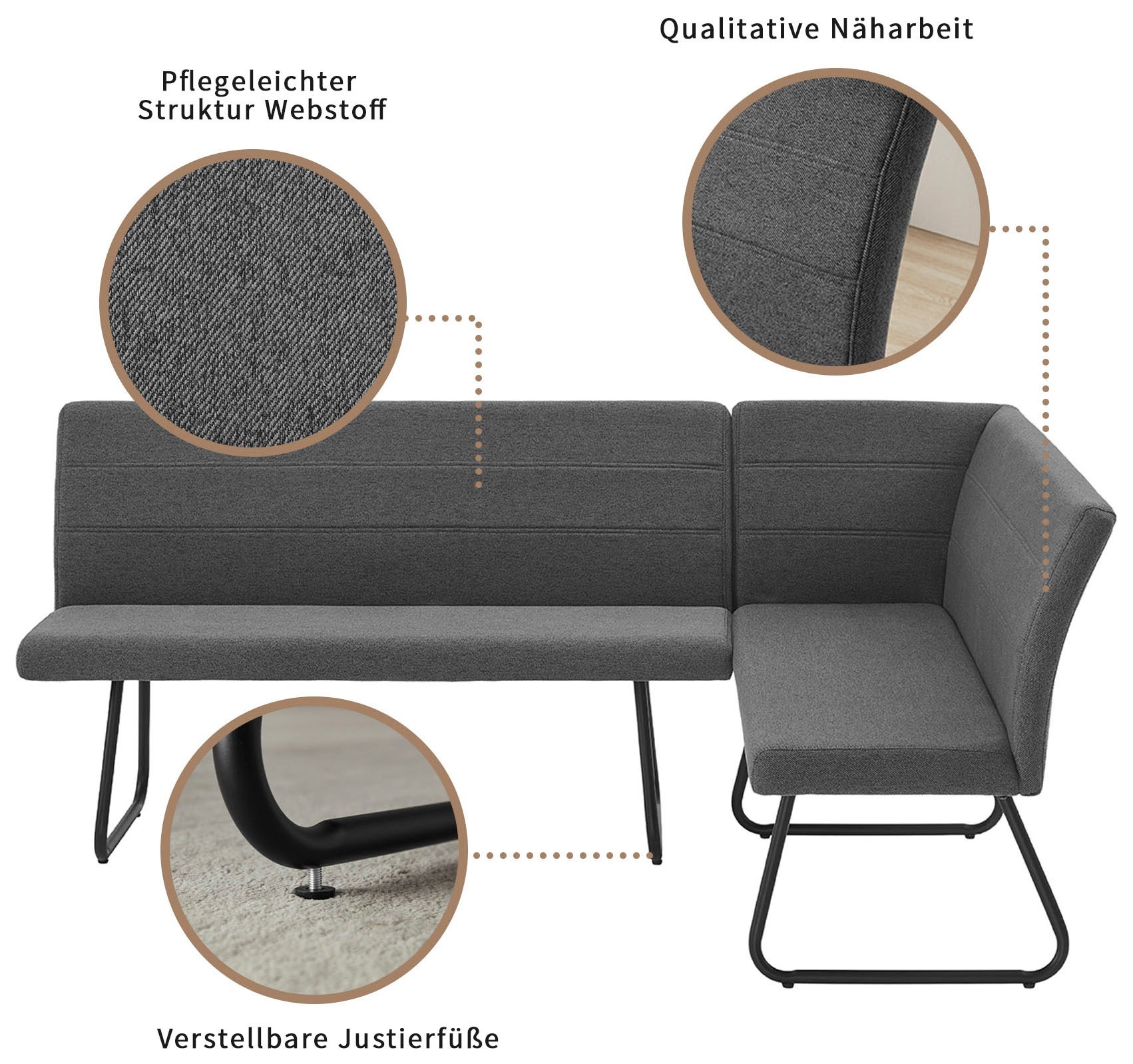 OTTO home Eckbankgruppe »Stevian« Set, 1 ausziehbarer Esstisch + 1 Eckbank Recamiere links + 2 Stühle, 4 Stk. tlg. Holz, Strukturstoffbezug, Freischwingerstühle, gesteppten Bänken