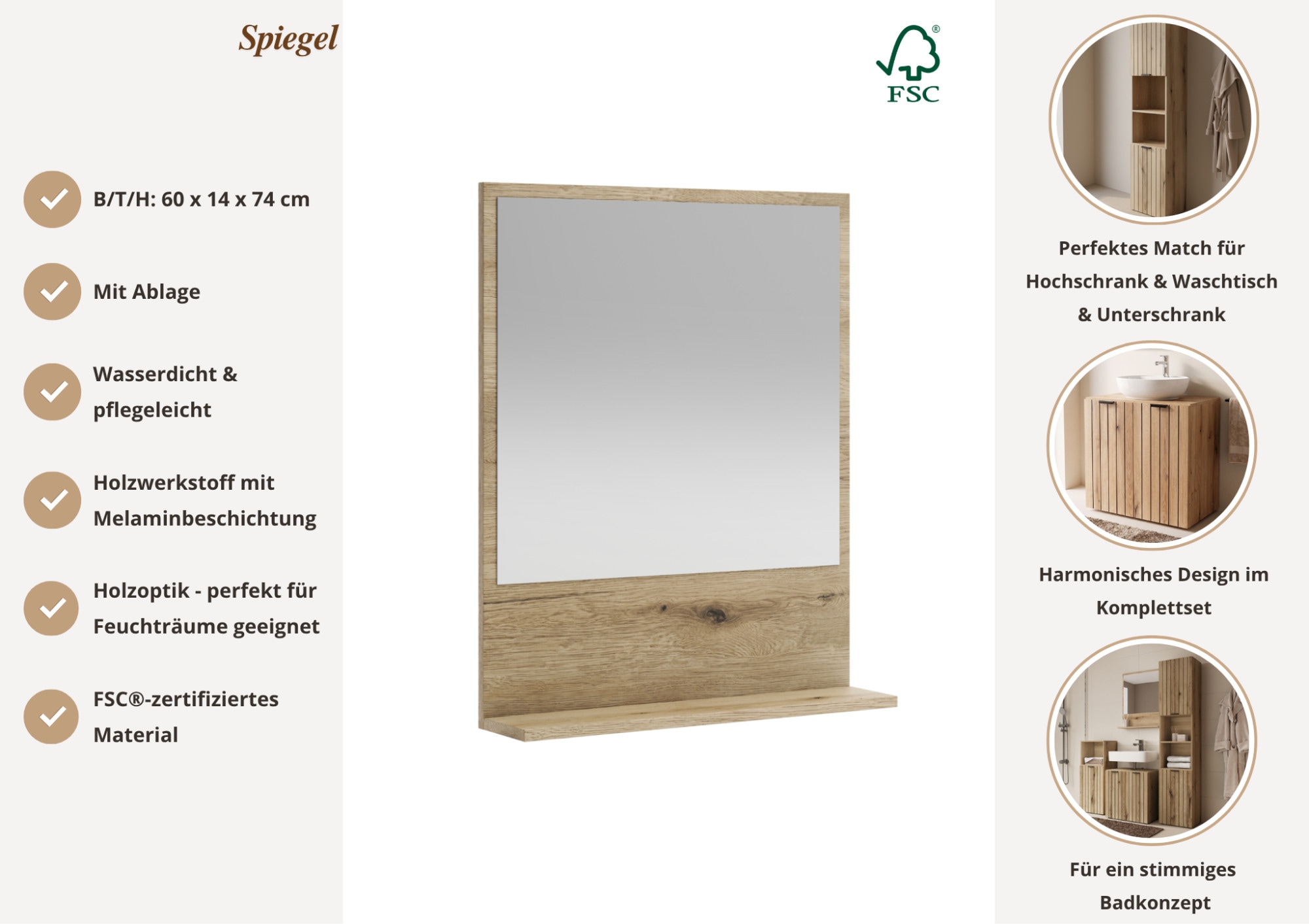 OTTO home Spiegel »Amrum« in 2 Breiten 60/80 cm, mit Ablage