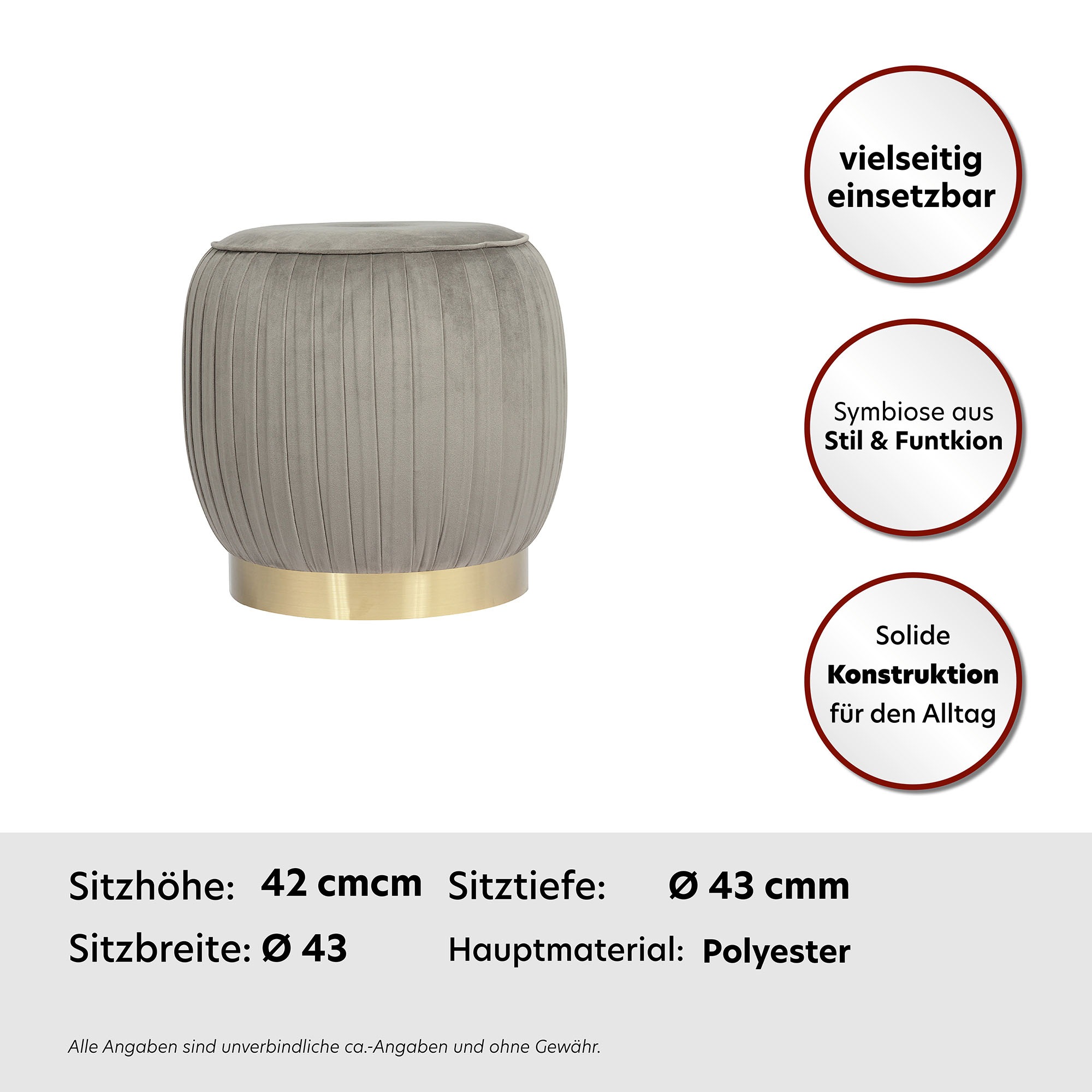Kayoom Polsterhocker »Hocker Lyla 125, Edler Touch durch goldenen Sockel,  Samtbezug« 1 Stk. tlg. samtweich, gesteppte Ziernaht, Edelstahlsockel, Hochwertiger Samtbezug