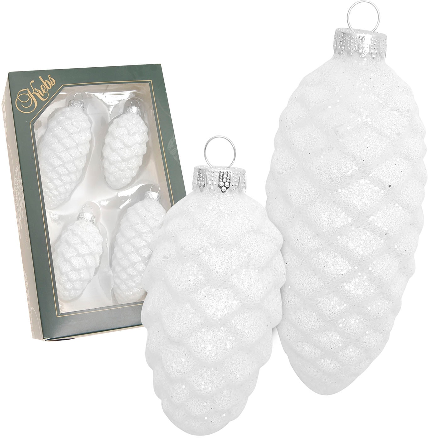 Krebs Glas Lauscha Christbaumschmuck »Glas-Tannenzapfen, Weiß mit Glitter, 2x klein Ø 8 cm + 2x groß Ø 10 cm«, (Set, 4 tlg.), Weihnachtsdeko, Weihnachtsbaumkugel, Christbaumkugeln aus Glas