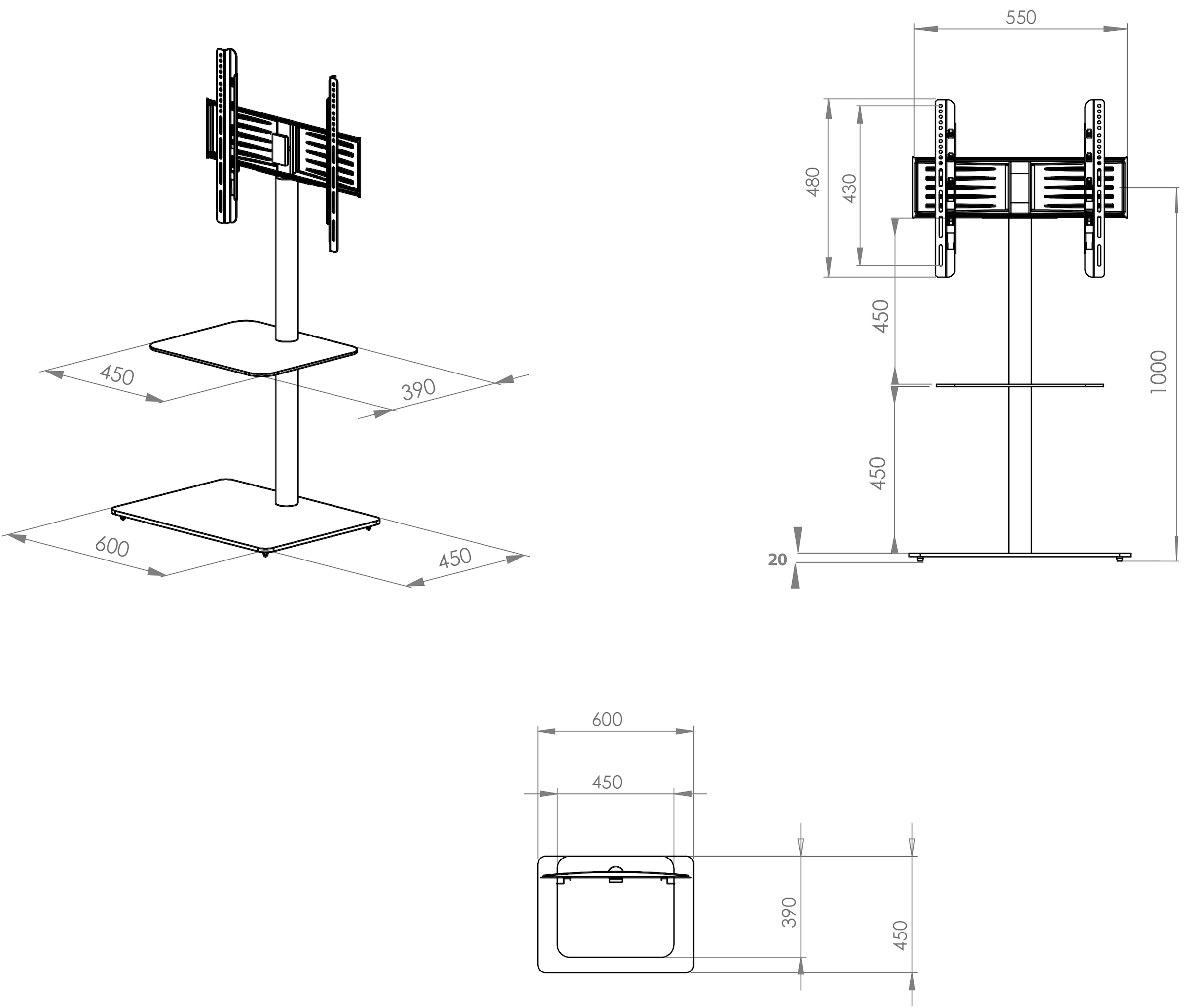 VCM TV-Rack »VCM TV Standfuß mit Zwischenboden | Alu Rack Fernseh | ESG-Sicherheitsglas | Maße ca. H. 100 x B. 60 x T. 45 cm - Alani«, (VCM Alani)