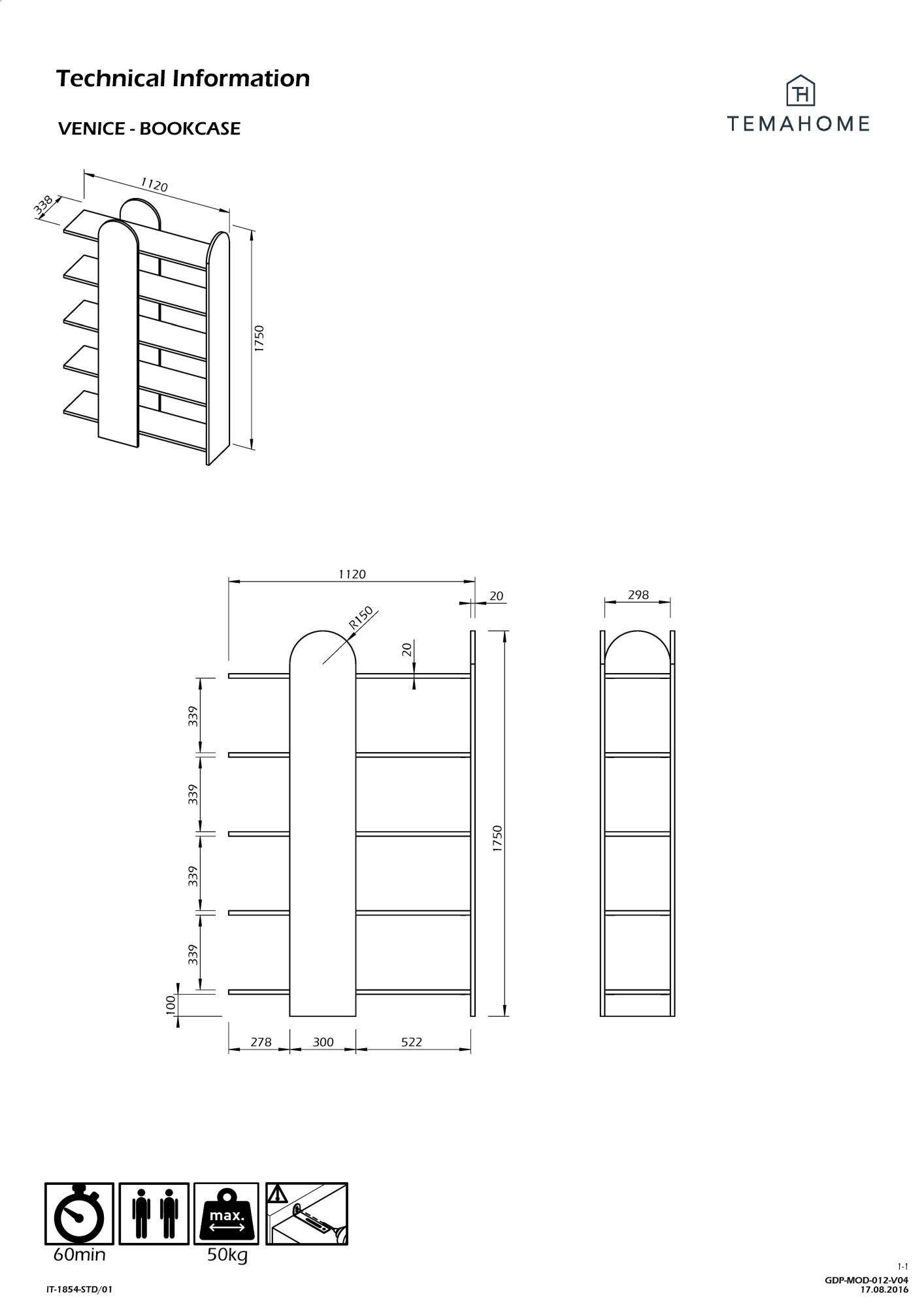 TemaHome Bücherregal »Venice, Offenes elegantes Designregal, 5 Ablagen, Höhe 175 cm«, mit abgerundete Aussenseiten, mit verstecktem Stauraum