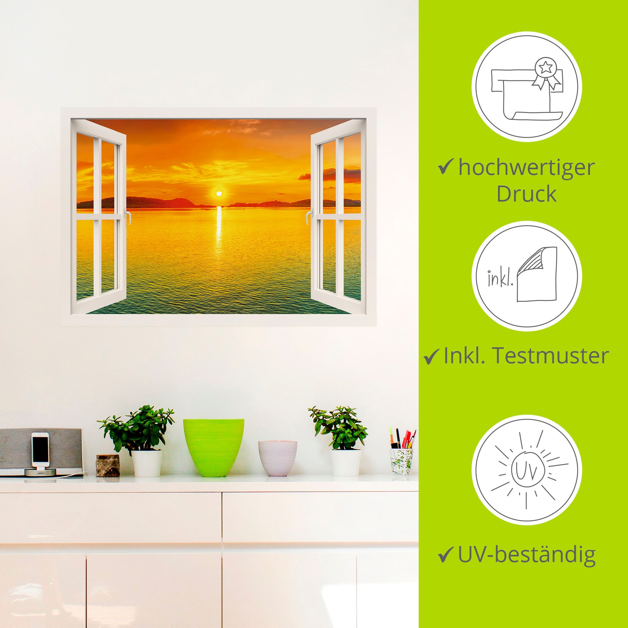 Artland Wandbild »Fensterblick - Sonnenuntergangspanorama«, Fensterblick, (1 St.), als Leinwandbild, Wandaufkleber in verschied. Größen