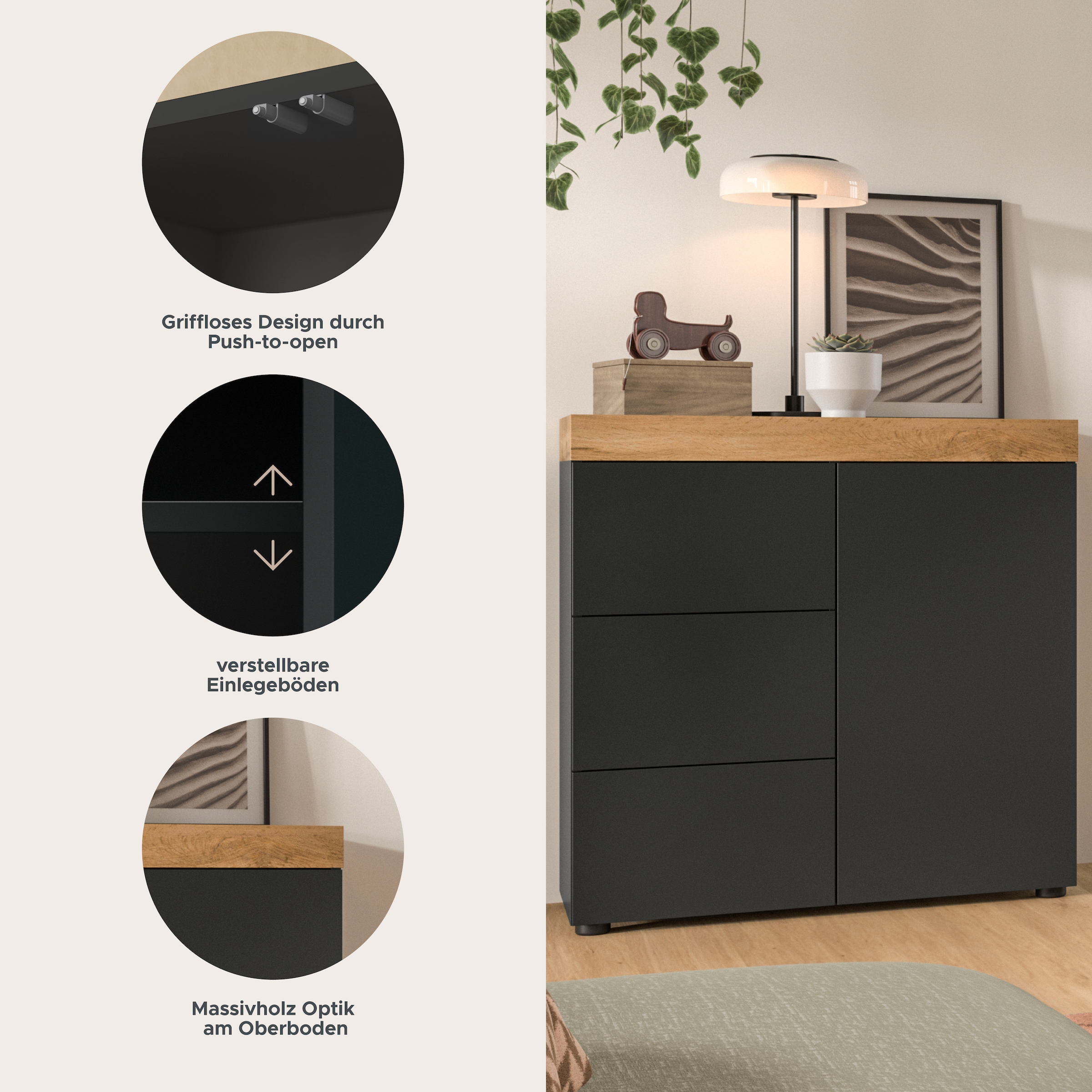 OTTO home Kommode »MAMBO, TOPSELLER!, Breite 77 cm, 1 Tür, 1 Einlegeboden, 3 Schubkästen« 1 Stk. tlg. Kommode, Anrichte, Wohnzimmer, Schlafzimmer
