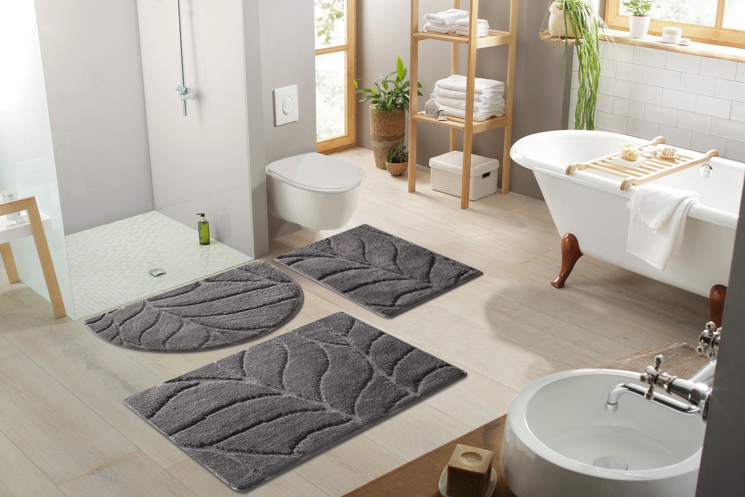 my home Badematte »Epense, Badvorleger, Badezimmer Teppich, Duschvorleger«, rutschhemmend beschichtet, fußbodenheizungsgeeignet-schnell trocknend, Badteppich, Uni Farben, Blätter, Blattstruktur, Hoch-Tief Effekt