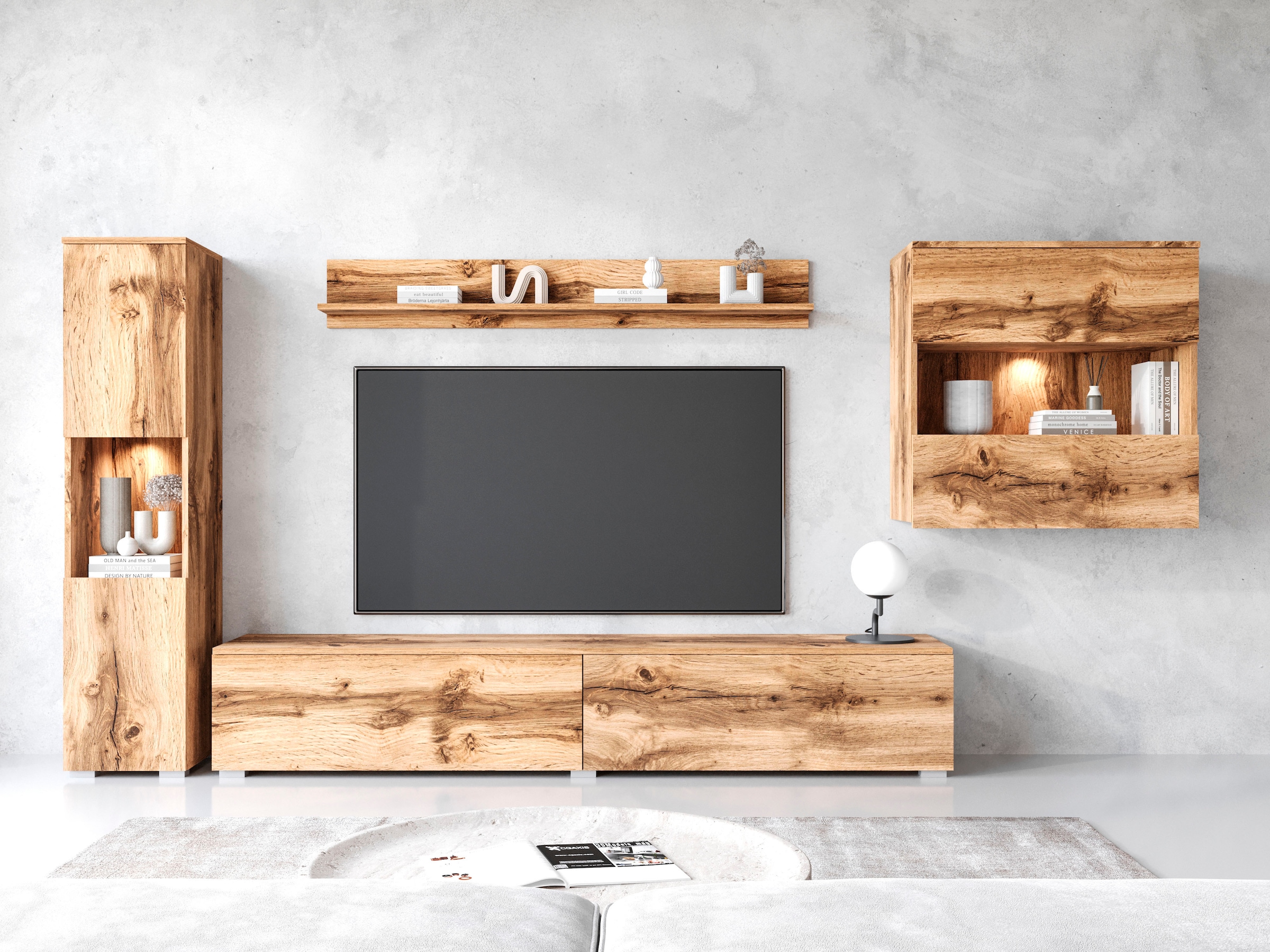 INOSIGN Wohnwand »PARIS«, (Komplett-Set, 4 St.), TV-Wand 300cm breite, grifflose Design, stehend und hängend montierbar
