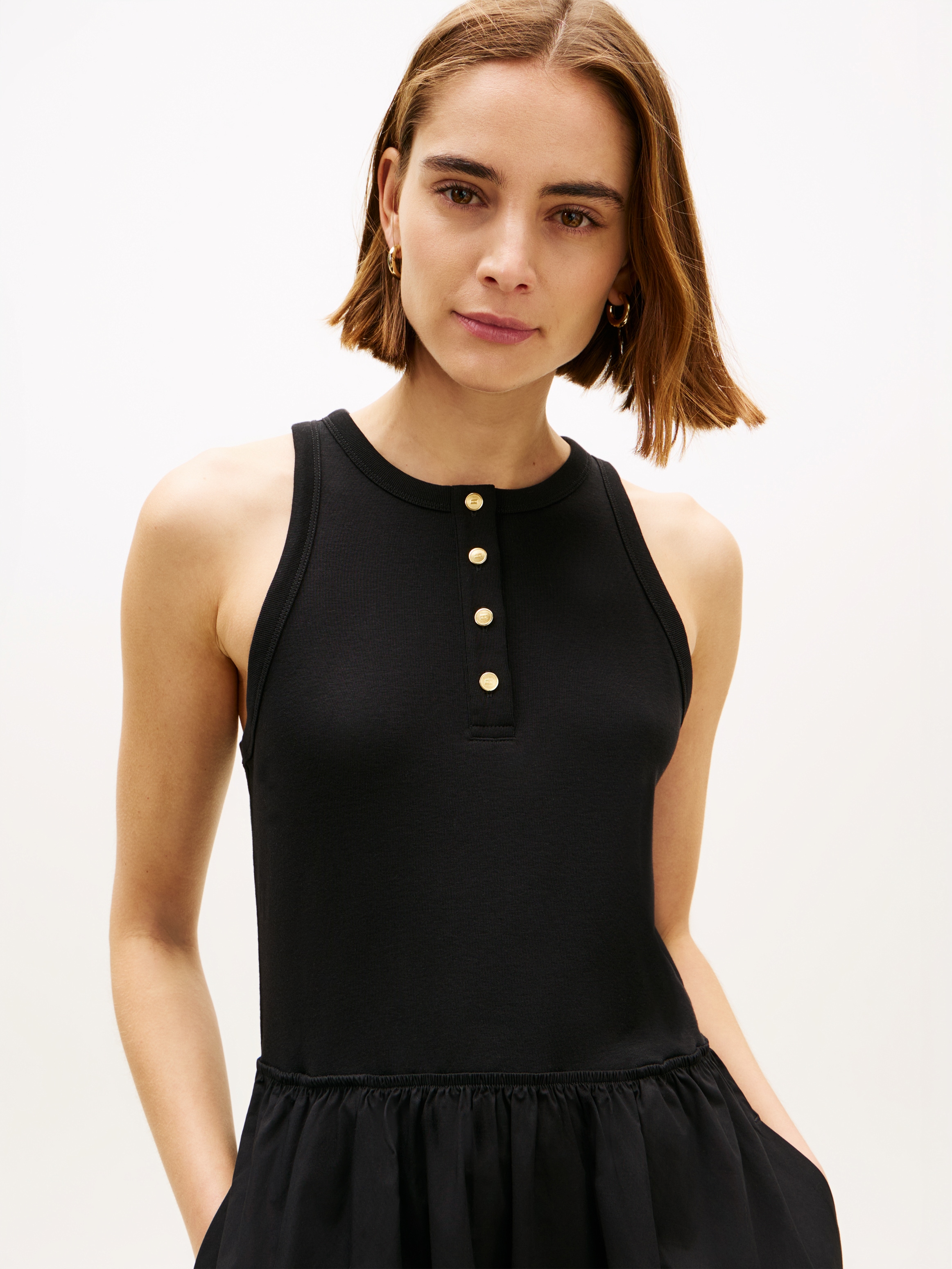 Tommy Hilfiger A-Linien-Kleid »GOLD BUTTON POPLIN MIX DRESS« Ohne Tasche Baumwollmischung, mit goldfarbenen Knöpfen