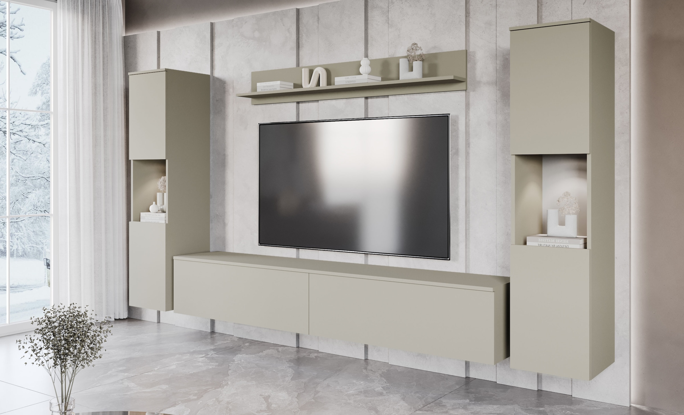 INOSIGN Wohnwand »PARIS, Vitrine Türanschlag links/rechts wechselbar«, (Komplett-Set, 4 St.), grifflose Design, stehend und hängend montierbar
