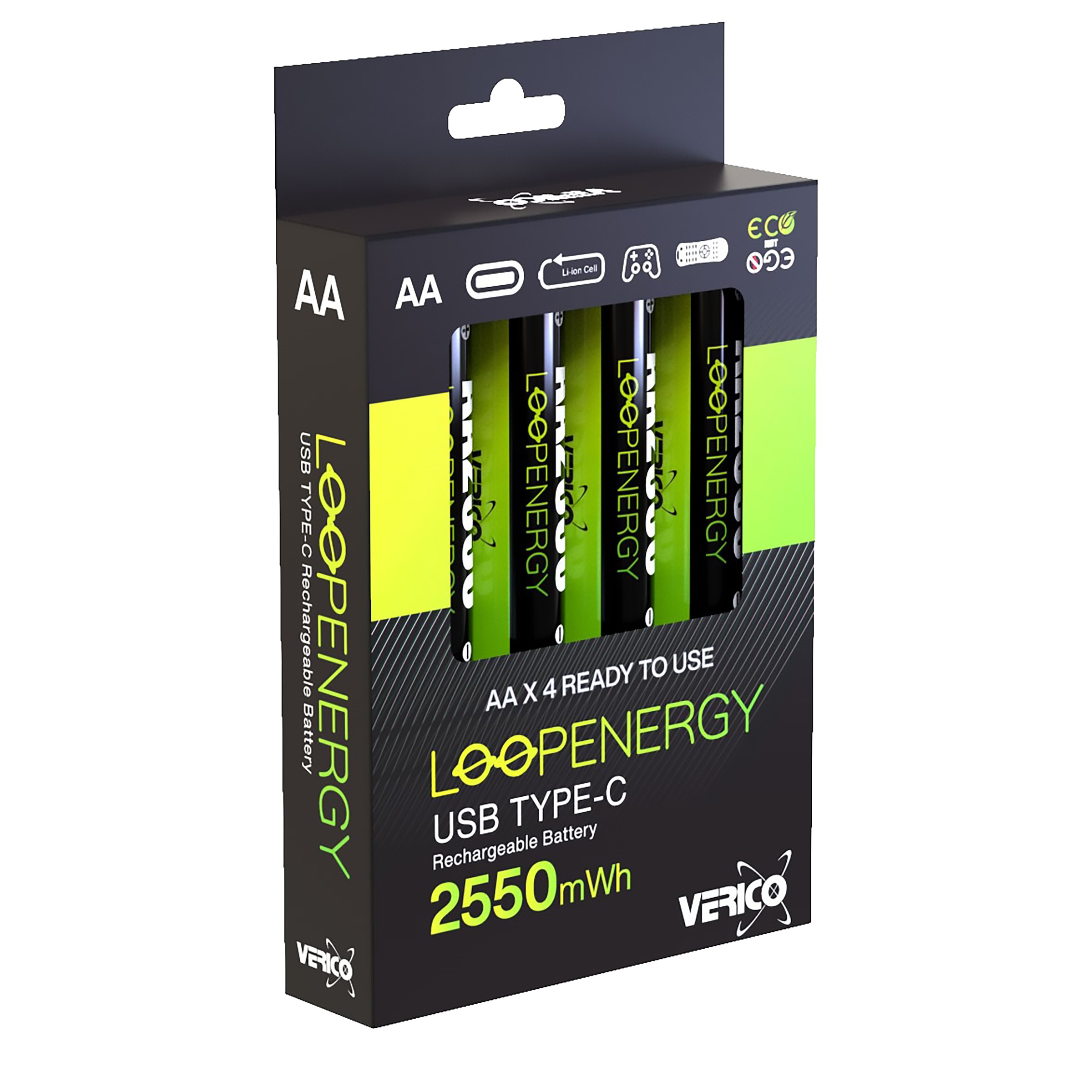 Verico Batterie »Loopenergy AA (Mignon)«, 1,5 V, (4 St.), USB-C Kabel im Lieferumfang