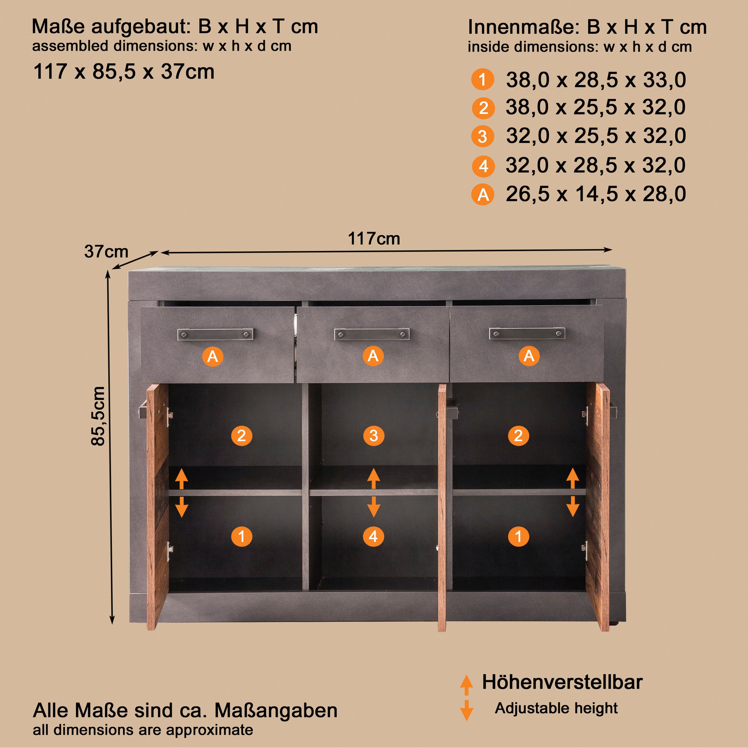 Home affaire Kommode »Ilana« Kommode mit 3 Türen & 3 Schubladen - (B/T/H) 117/37/86 cm