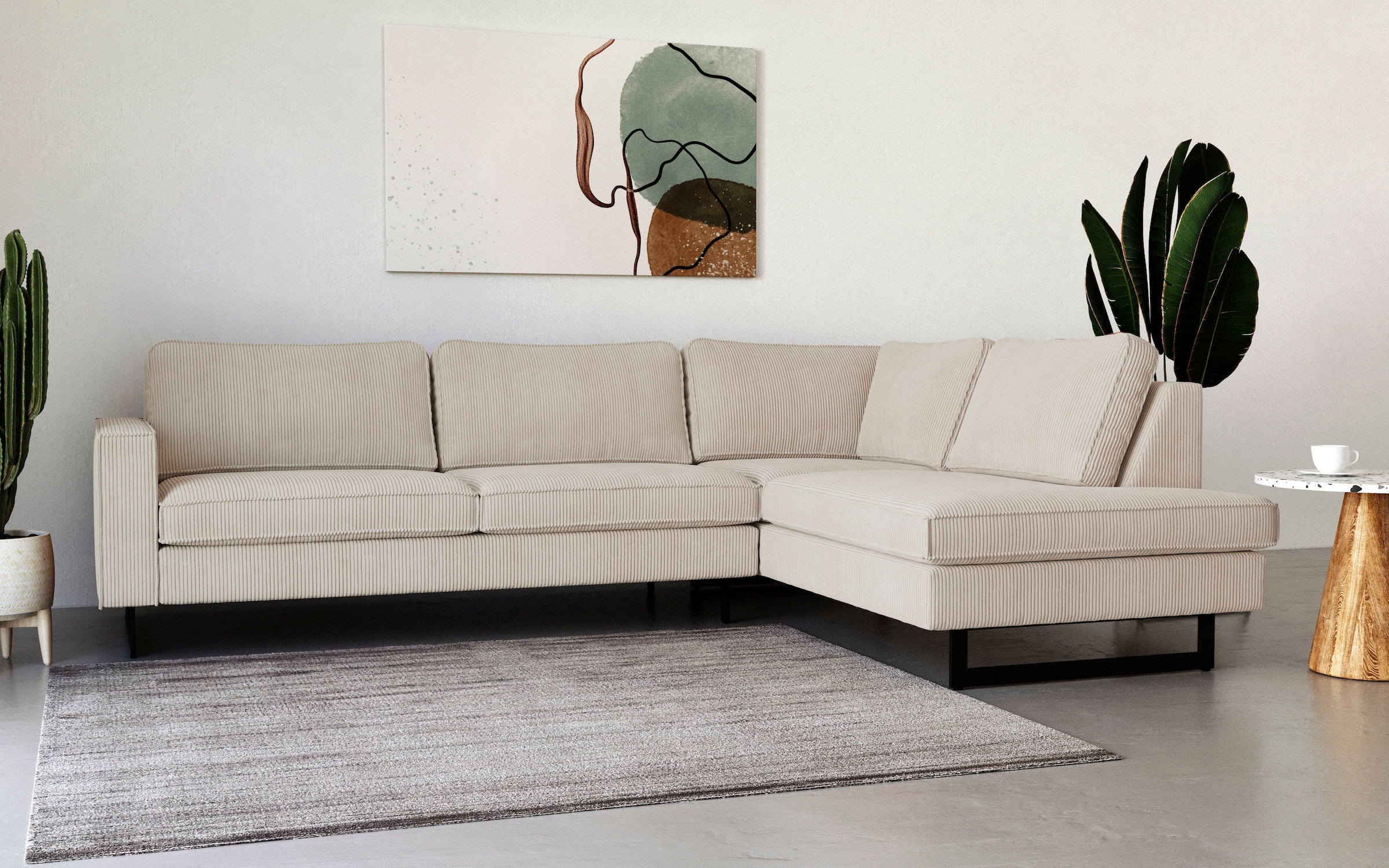 Places of Style Ecksofa »Pinto, 290 cm, Cord, Chenille, Lederoptik, Ottomane links / rechts«, mit Keder, schwarze Metallfüße, Wellenunterfederung