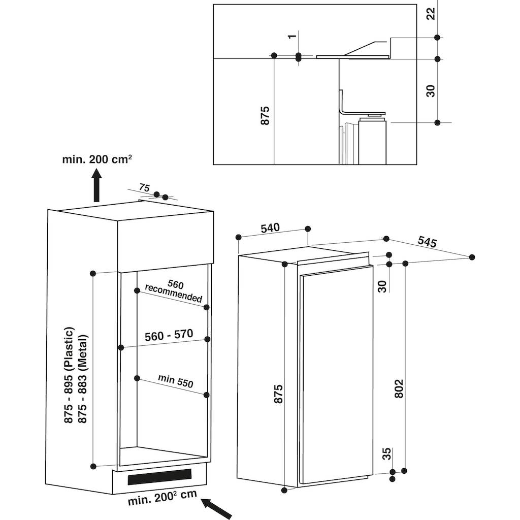 BAUKNECHT Einbaukühlschrank »KSI 9VF2«, KSI 9VF2, 87,5 cm hoch, 54 cm breit