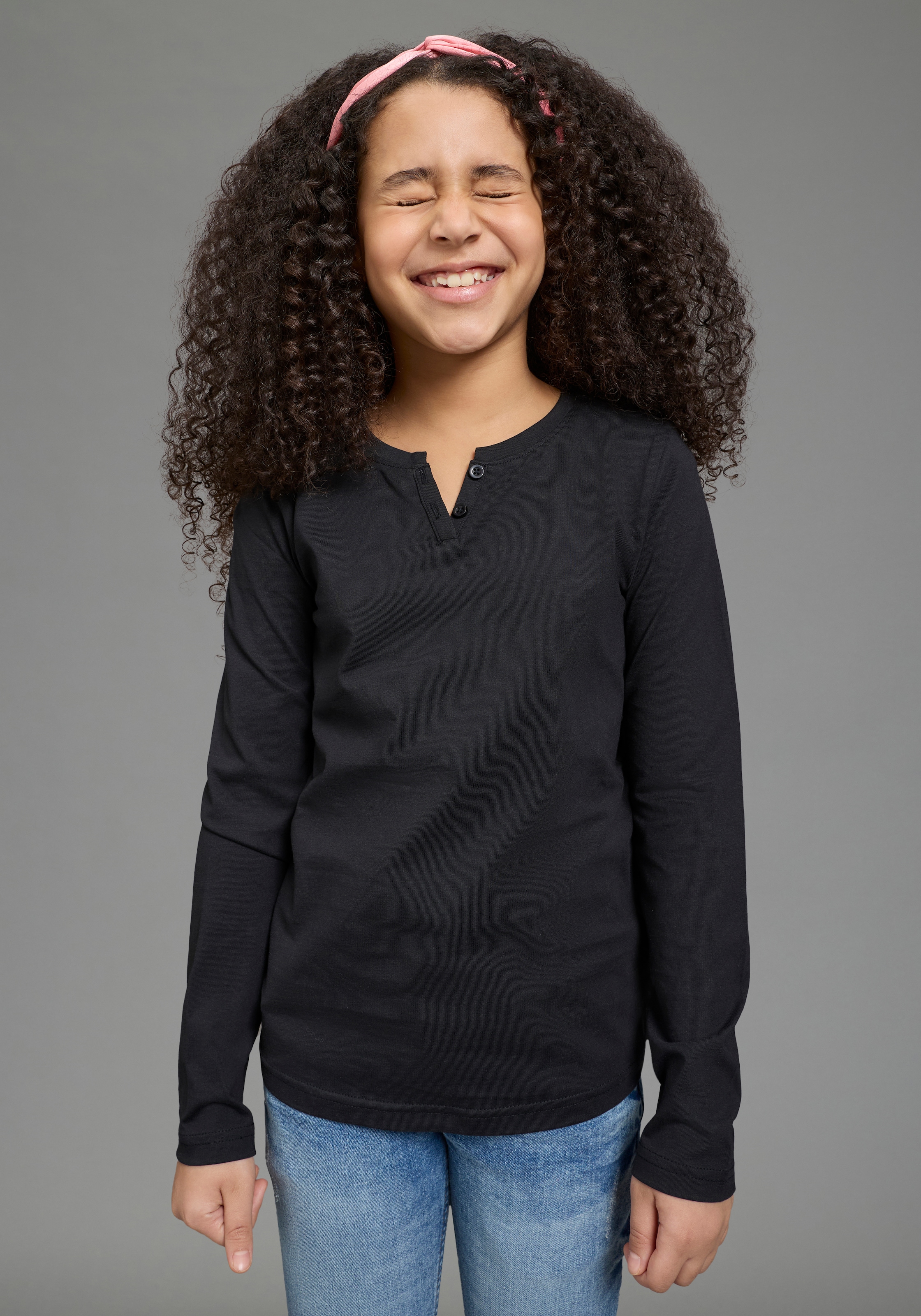 H.I.S Langarmshirt »2er Pack Shirts 1x uni + 1x geringelt, für Mädchen« Packung, 2, 2 tlg. für Mädchen, Langarm, mit Rundhalsausschnitt und Knopfleiste