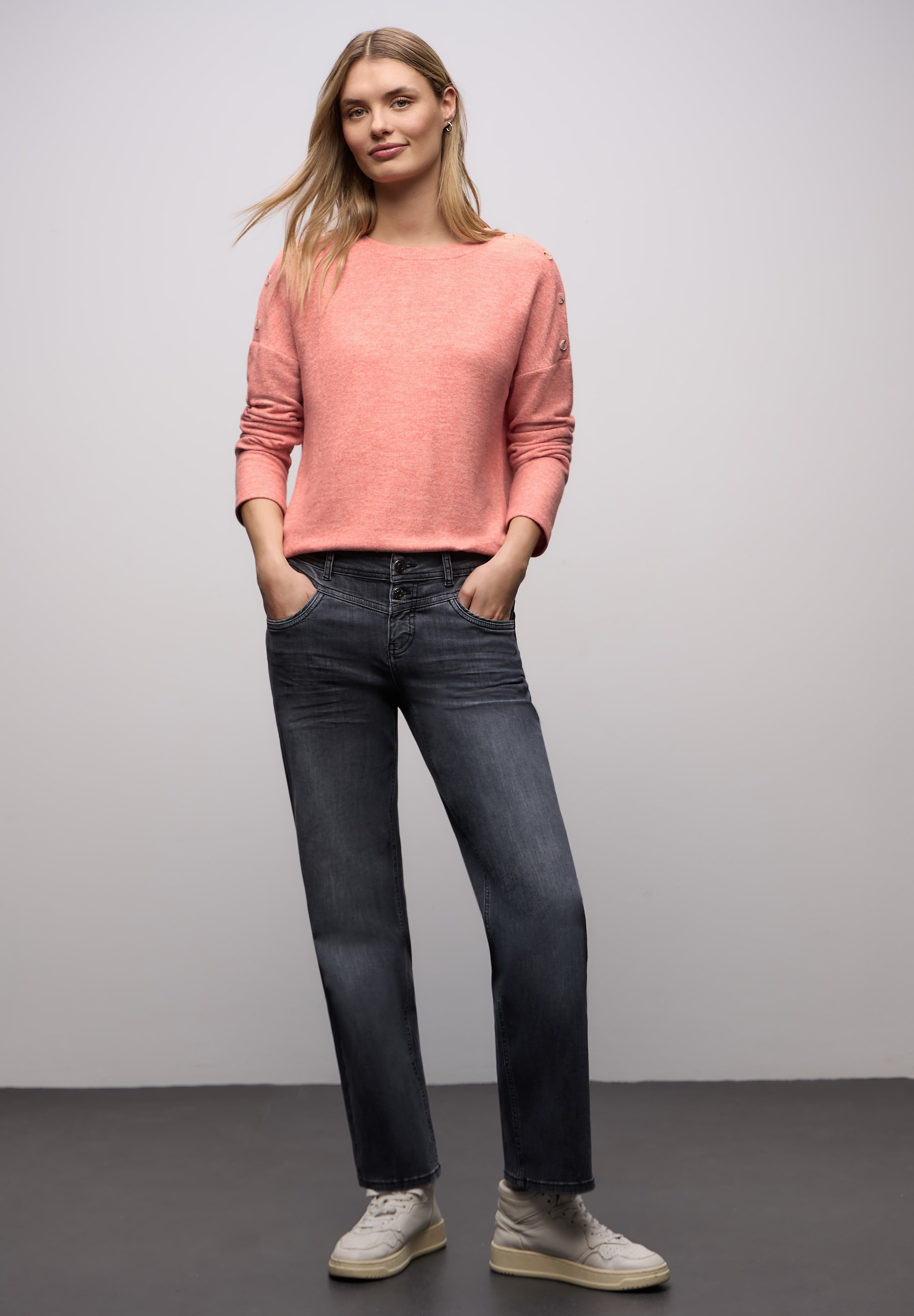 STREET ONE Strickpullover Knopfdetail an den Schultern und im Melange-Look