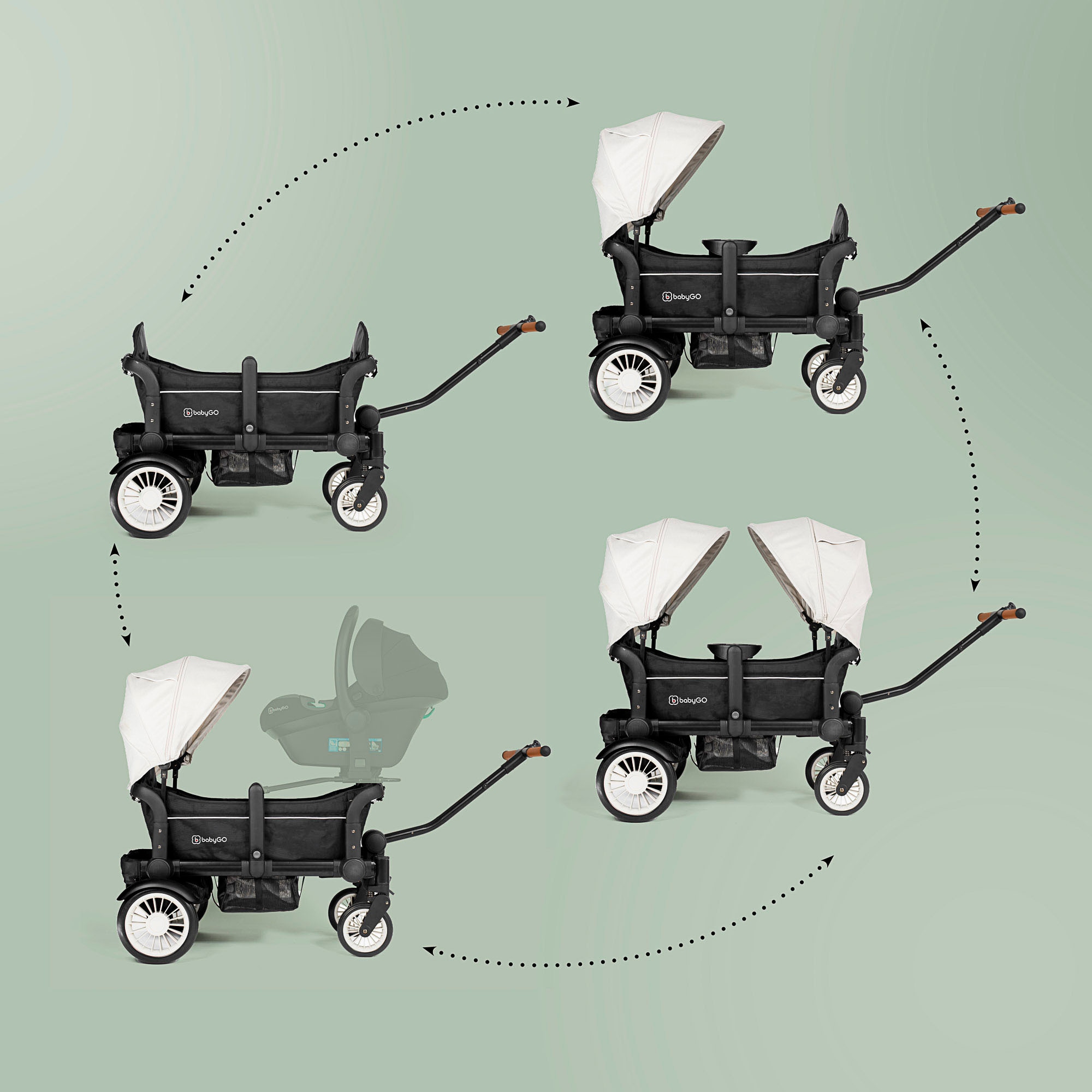 BabyGo Bollerwagen »Cozy Rider«, (Set, 7 tlg., inkl. 2x Sonnenschutz, Tisch, Moskito- u. Regenschutz, Flaschenhalter), klein zusammenfaltbar