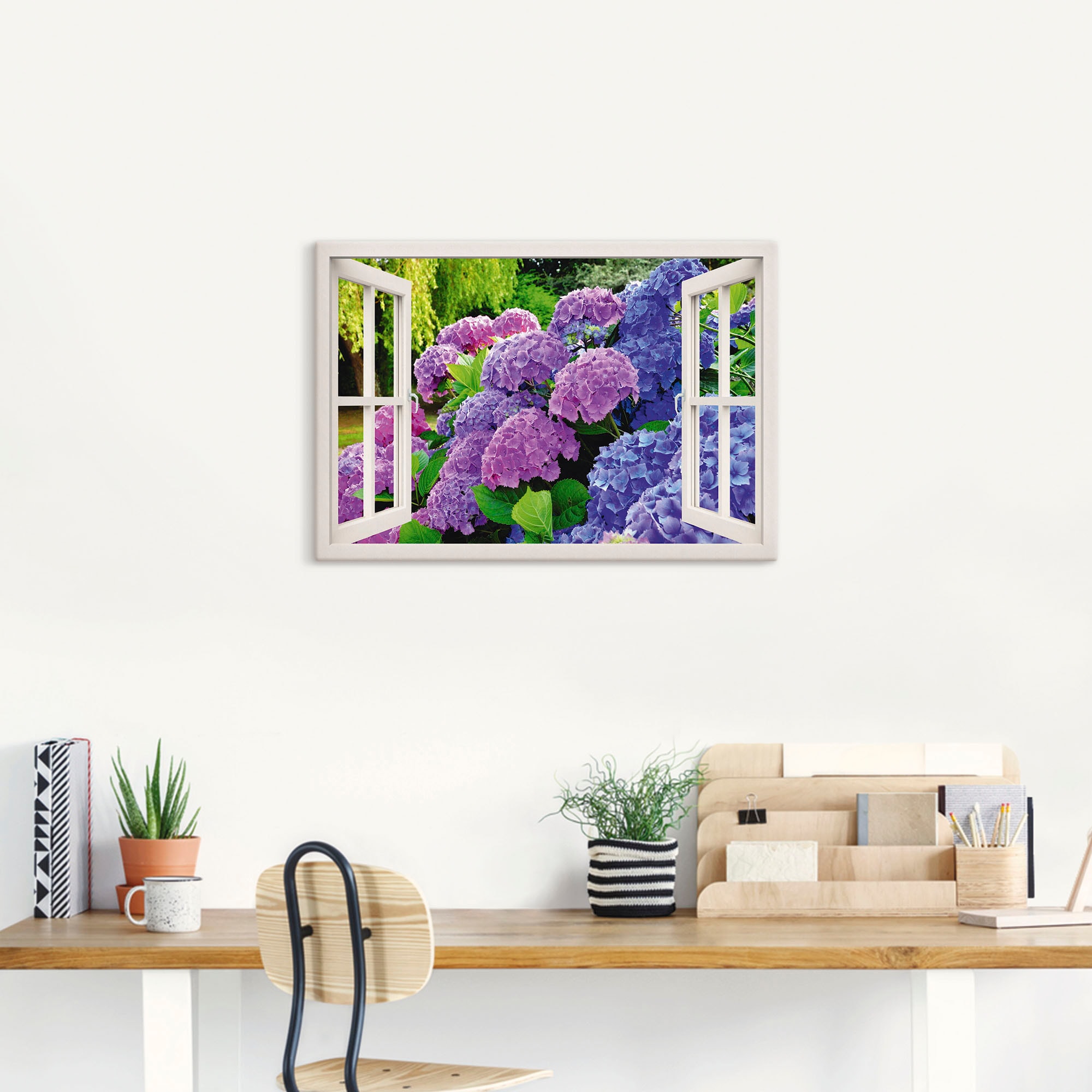 Artland Wandbild »Fensterblick Hortensien im Garten«, Blumen, (1 St.), als Leinwandbild, Poster in verschied. Größen