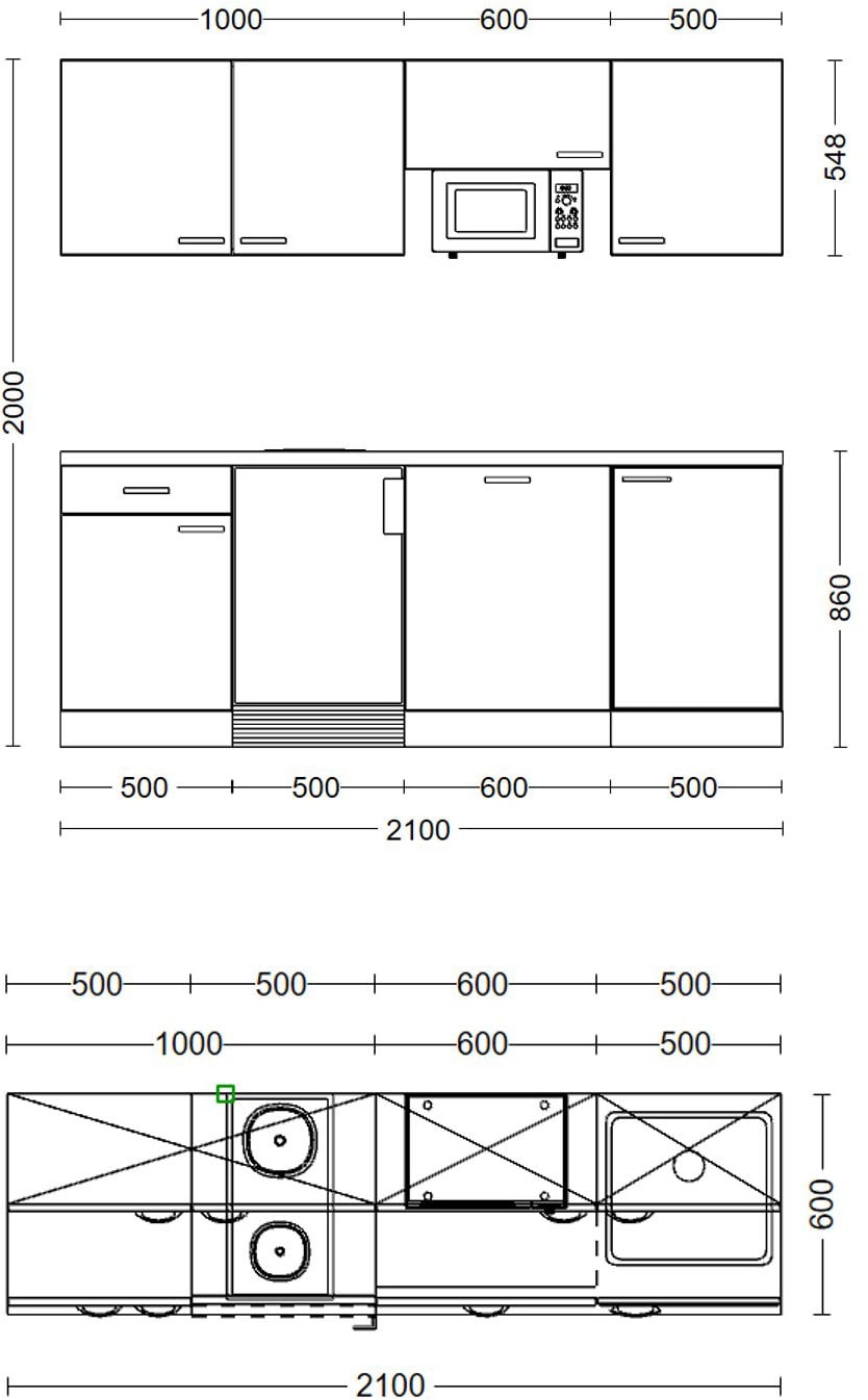 Flex-Well Küchenzeile »Kopenhagen, Breite 210 cm, inkl. Geschirrspüler«, Officeküche, wahlweise mit 2 Plattenkochfeld und/oder Mikrowelle